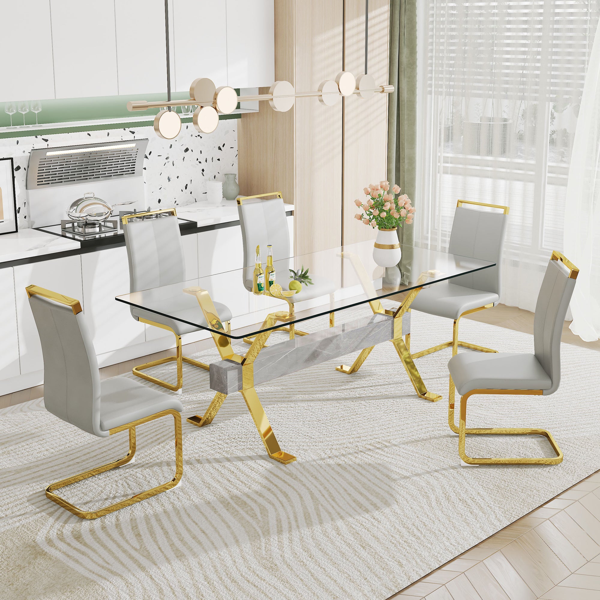 Modern Tempered Glass Dining Table - Transparent with Gold Plated Metal Legs (no chairs included))