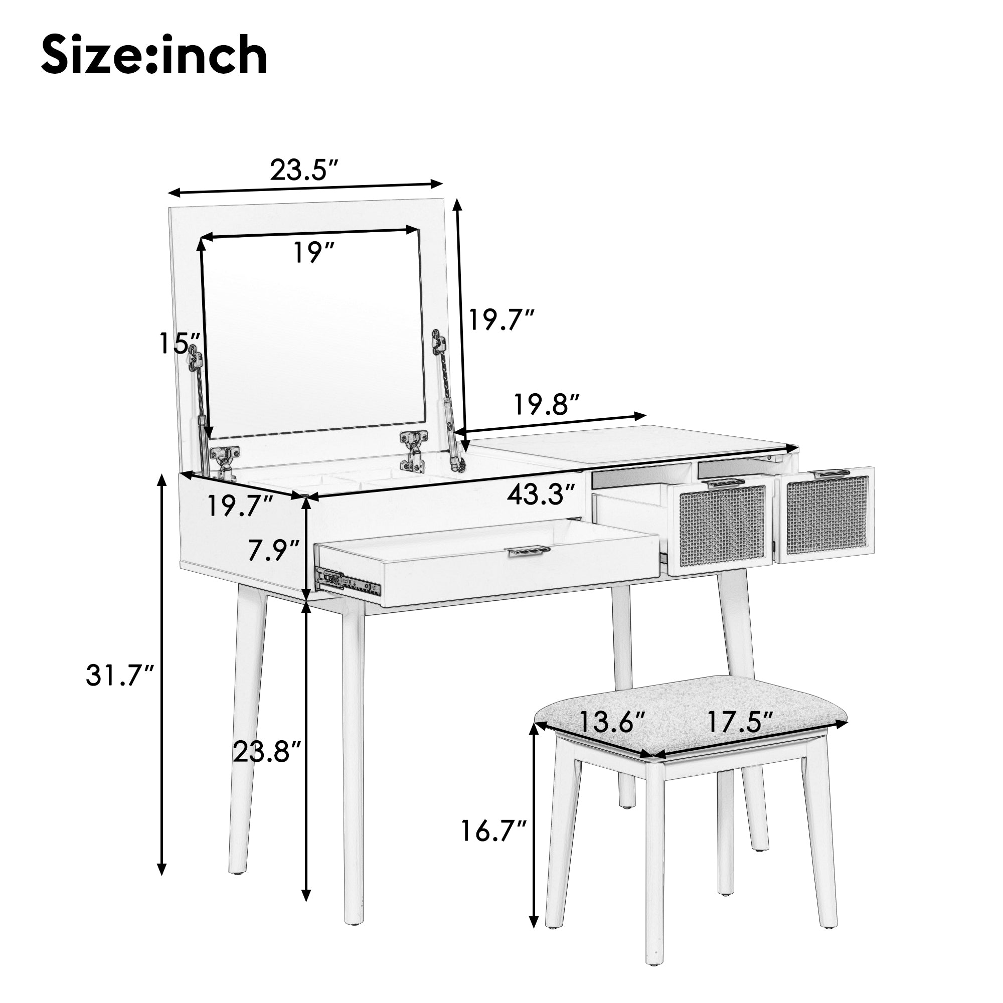 43.3" Classic Wood Makeup Vanity Set with Flip-top Mirror and Stool, Dressing Table with Three Drawers and storage space, Brown