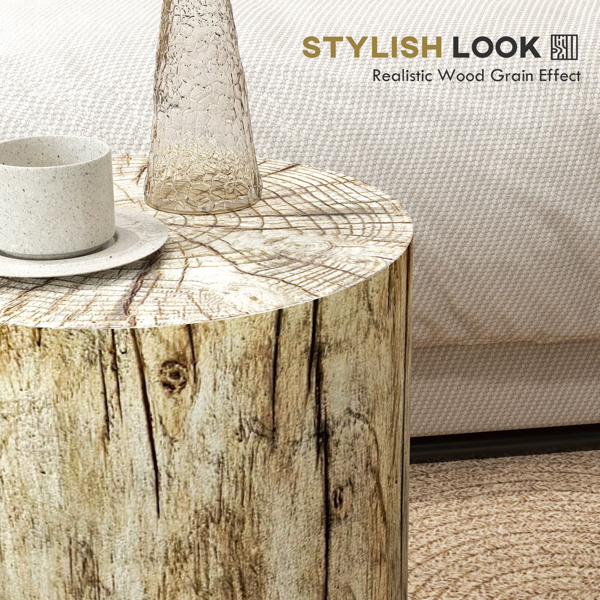 Tree Stump Stool, Decorative Side Table with Round Tabletop and Wood Grain Finish for Indoors and Outdoors