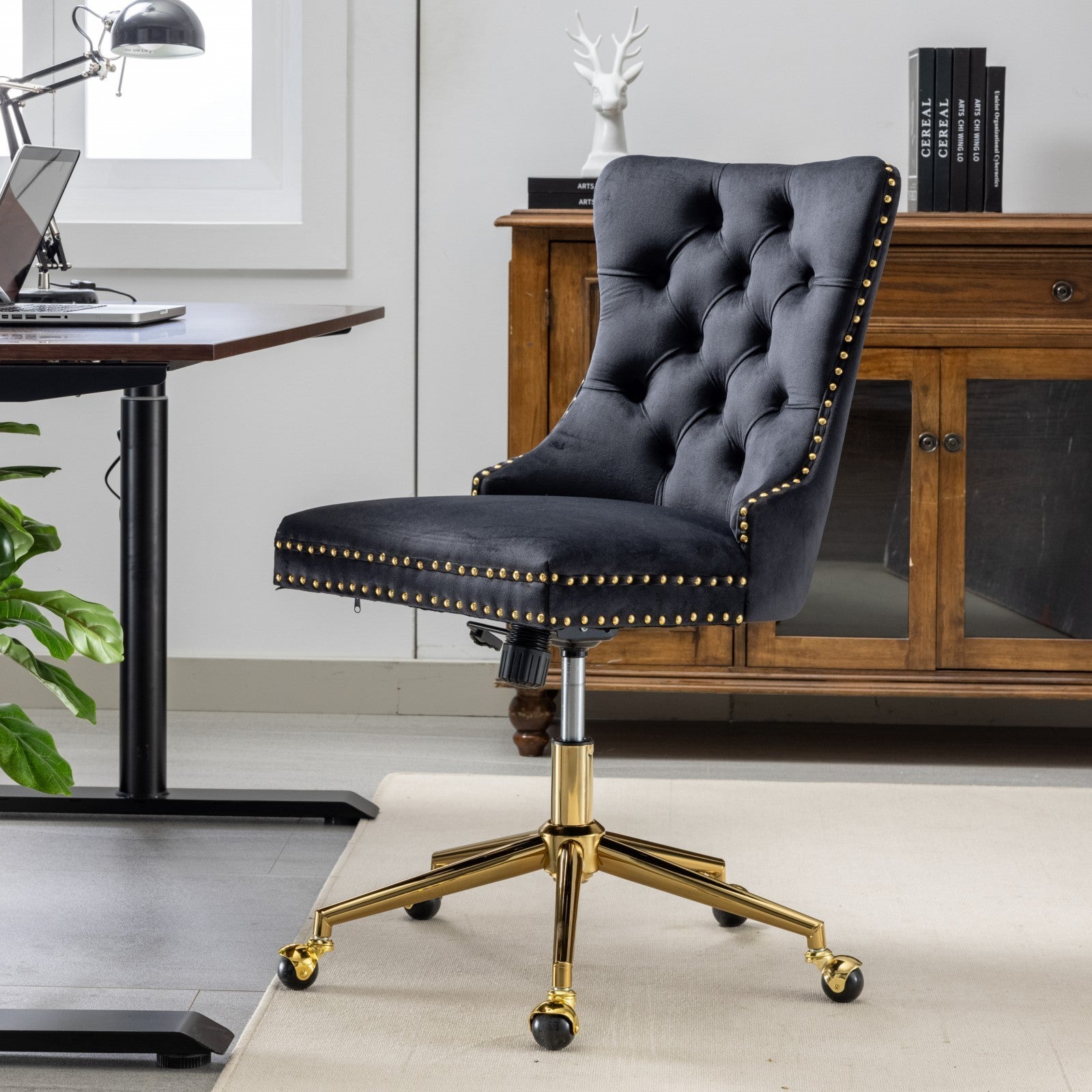 Velvet Upholstered Tufted Button Home Office Chair with Golden Metal Base, Adjustable Desk Chair Swivel Office Chair - Black