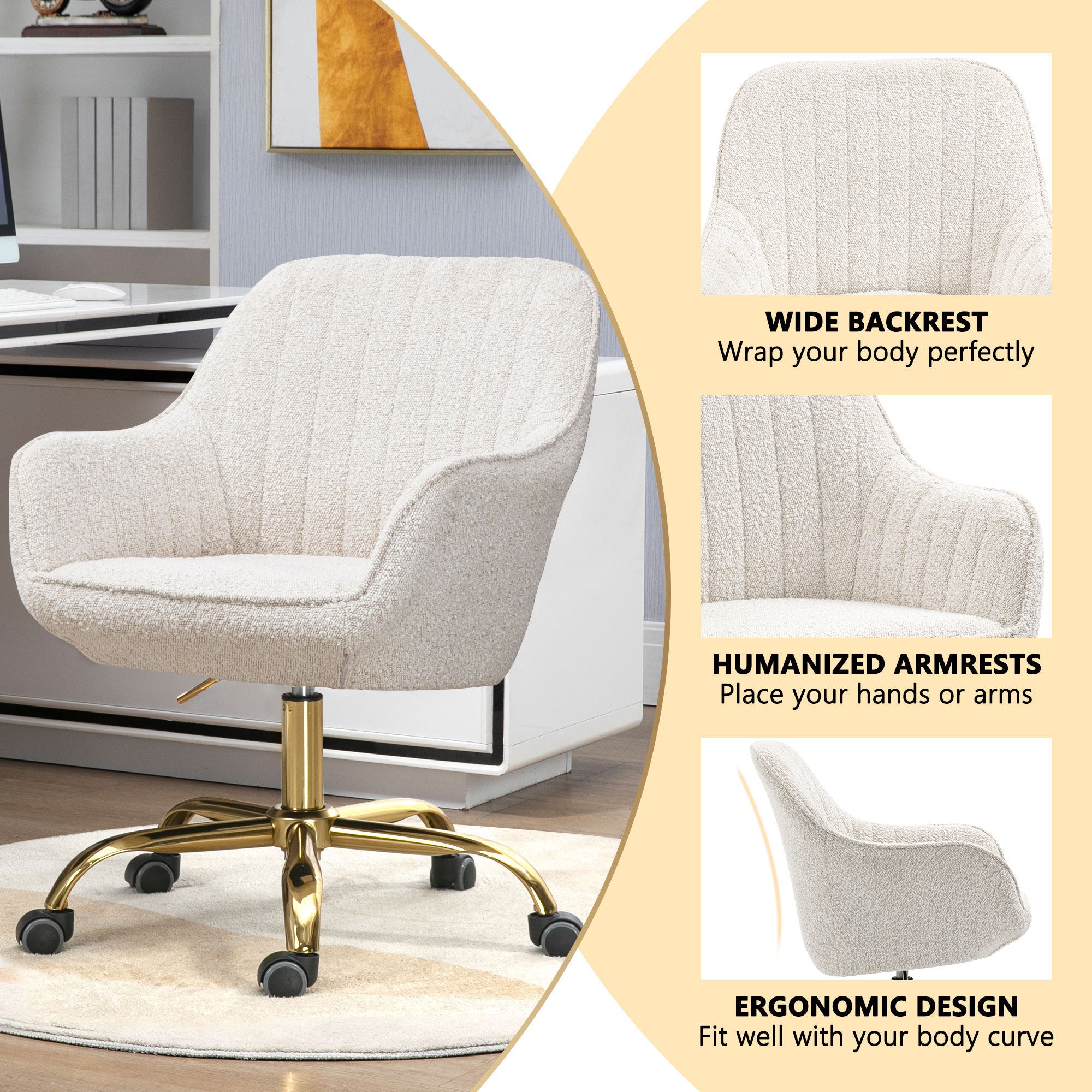 360° Beige Boucle Fabric Swivel Chair With High Back - Beige