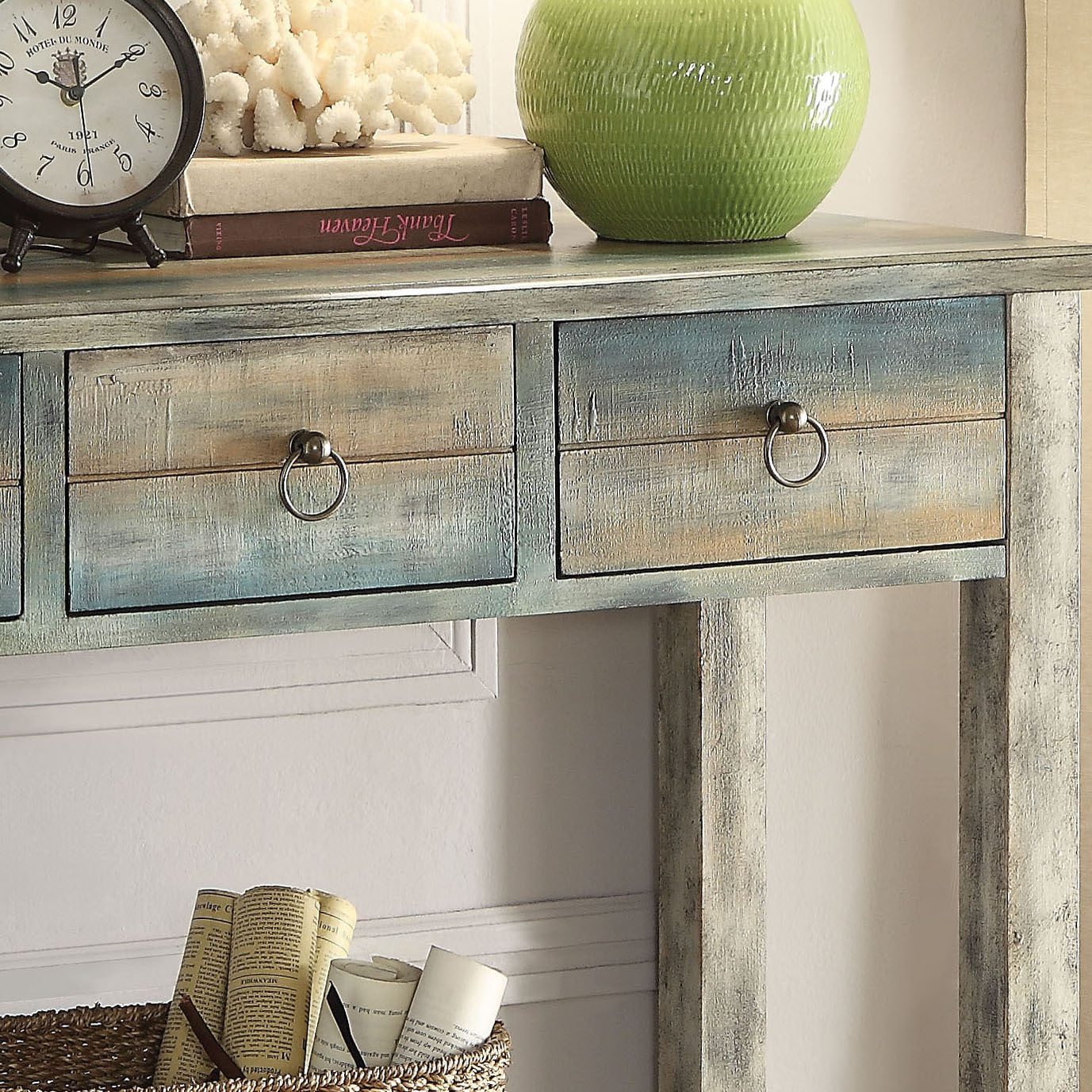 Antique Grey and Teal 3-drawer Console Table