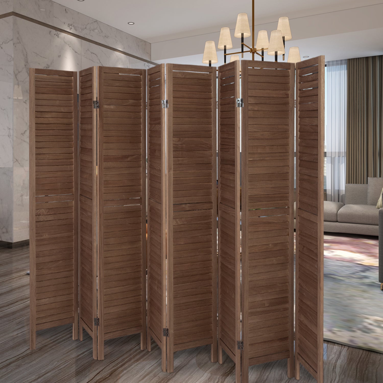 8 Panel Screen Folding Louvered Room Divider - Brown