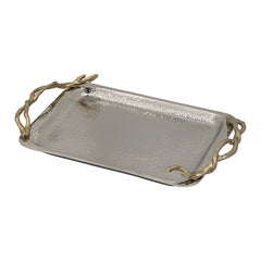 16 Inch Rectangular Decorative Tray, Branch Design Handles, Silver, Gold