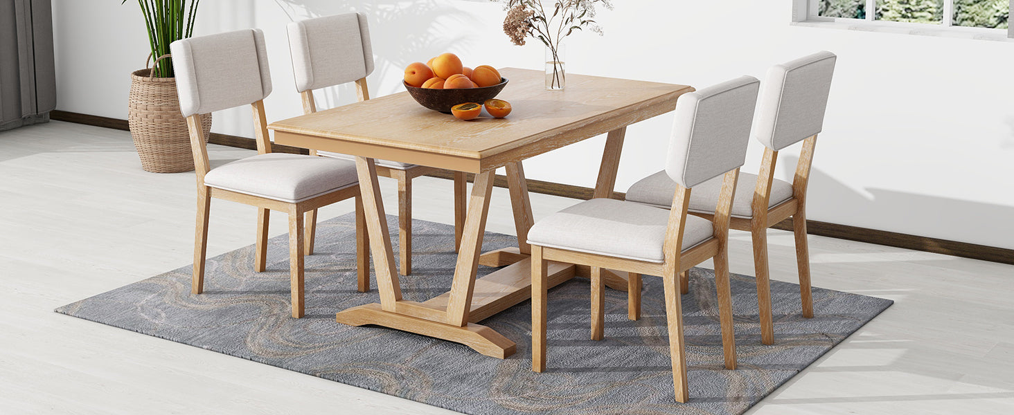 Rustic 5-piece Dining Table Set with 4 Upholstered Chairs - Natural