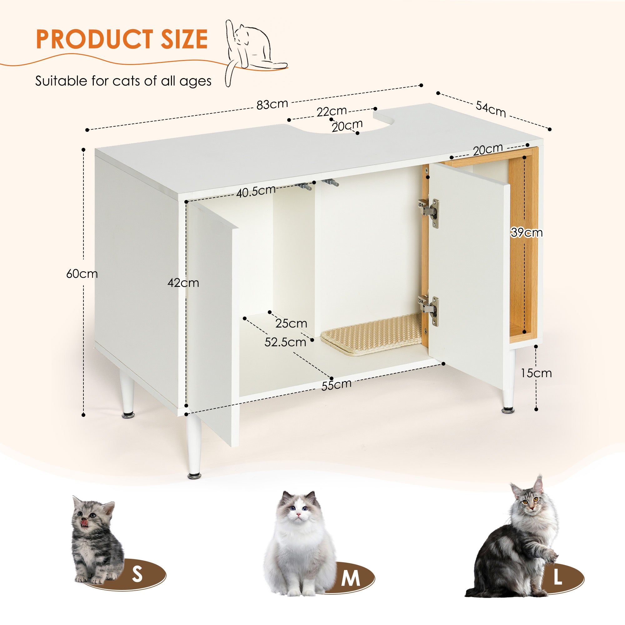 Cat Litter Box Enclosure Indoor Cat House for Large Cats, Wooden Cabinet Furniture - White