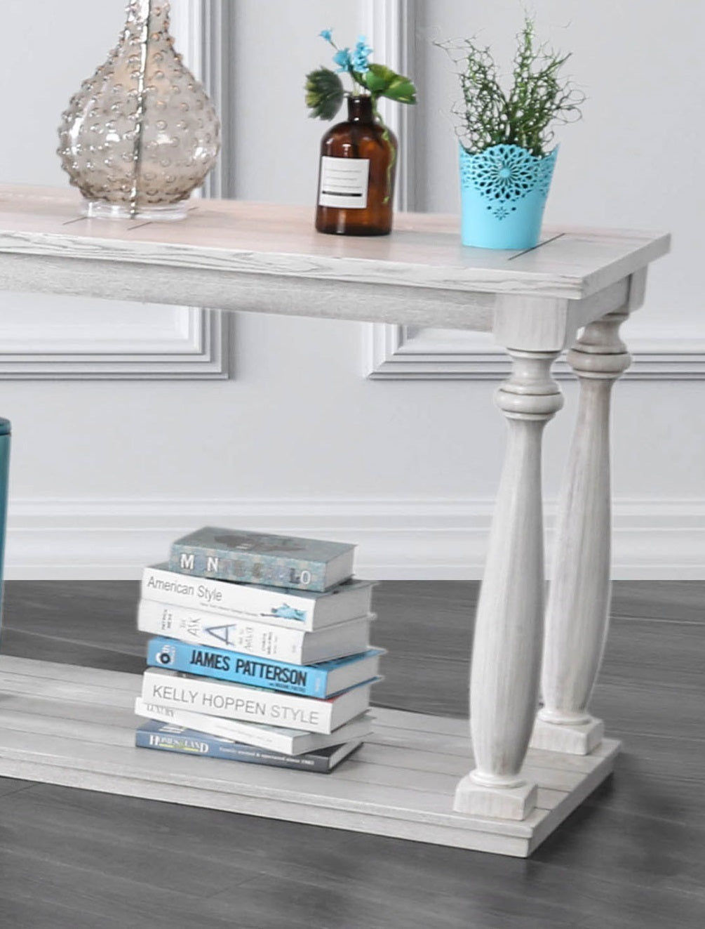 Rustic Style 1pc Sofa Table Open Bottom Shelf Plank Style - Antique White