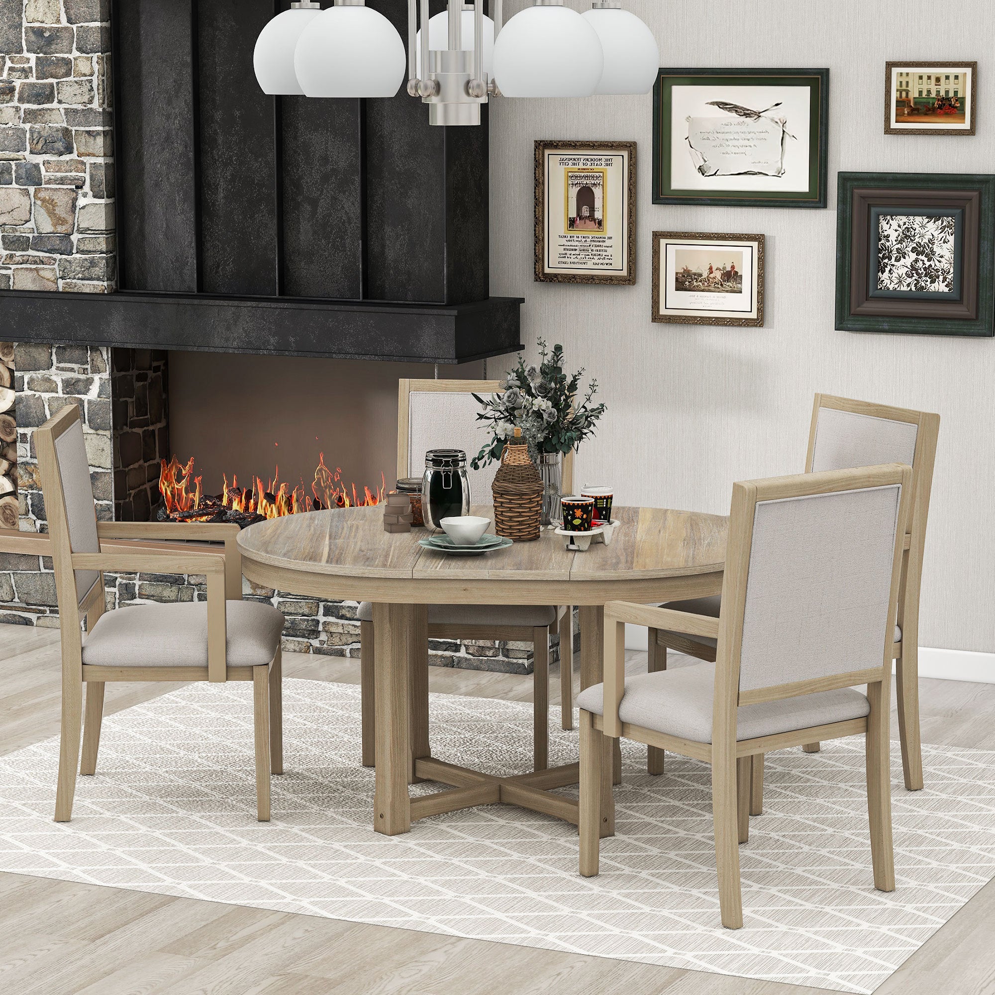 5-Piece Dining Table Set, Two-Size Round To Oval Extendable Butterfly Leaf Wood Dining Table and 4  Dining Chairs with Armrests - Natural Wood Wash