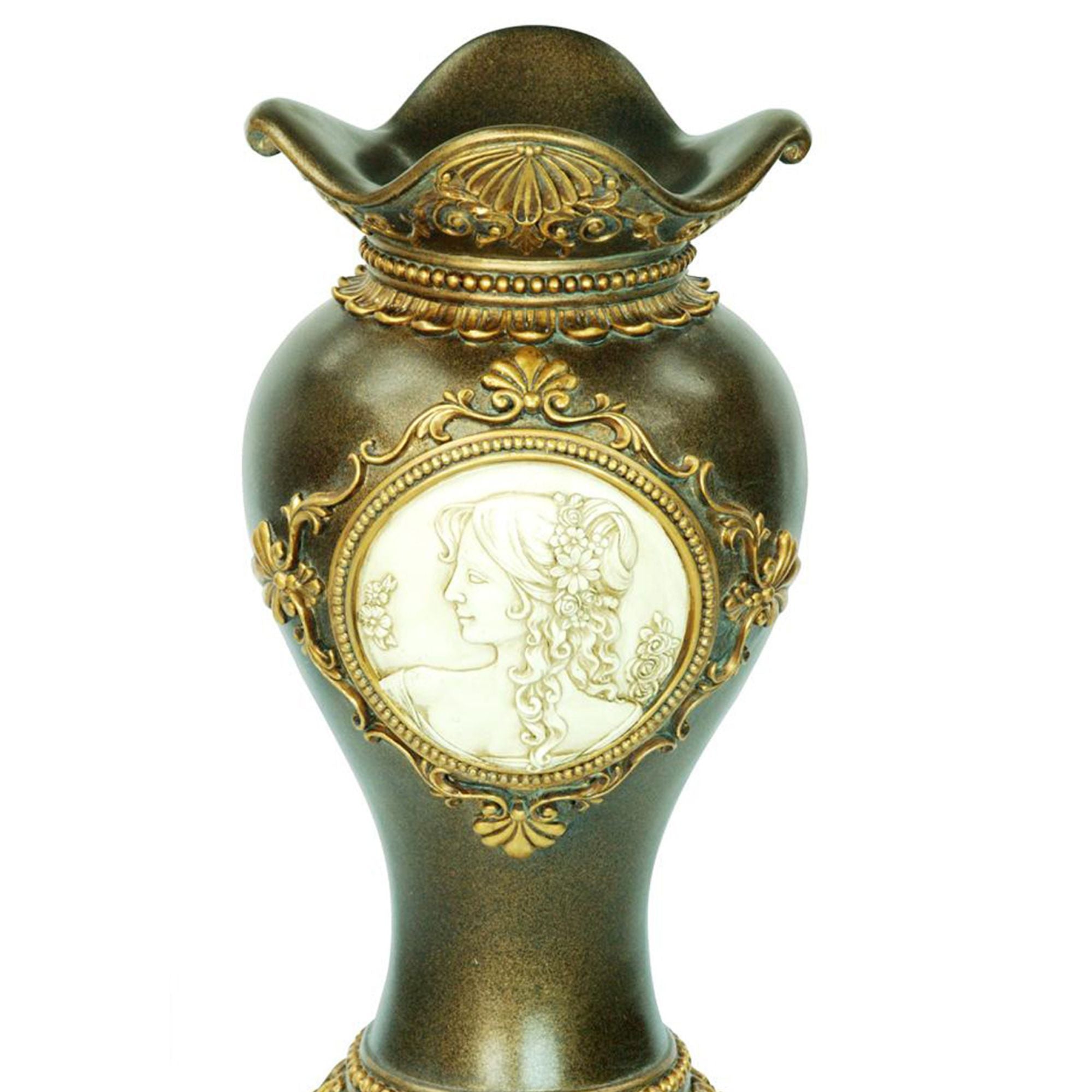 16.25" Tall Polyresin Decorative Vase, Gold Leaves and Greek Accent