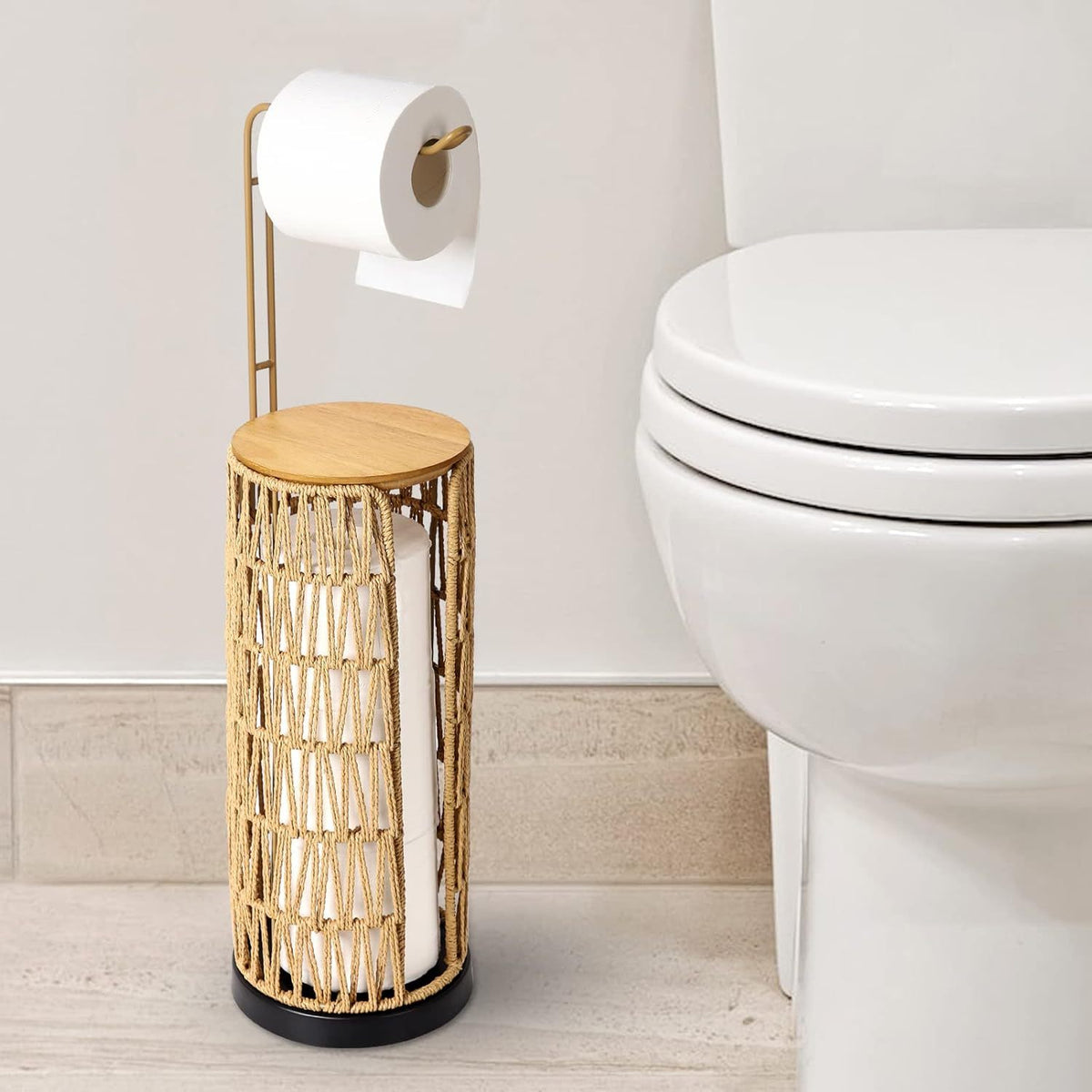 3 Rolls of Tissue Holder, Handmade Woven Toilet Paper Roll Holder Stand, Rattan Sturdy Boho Bathroom Decor Farmhouse