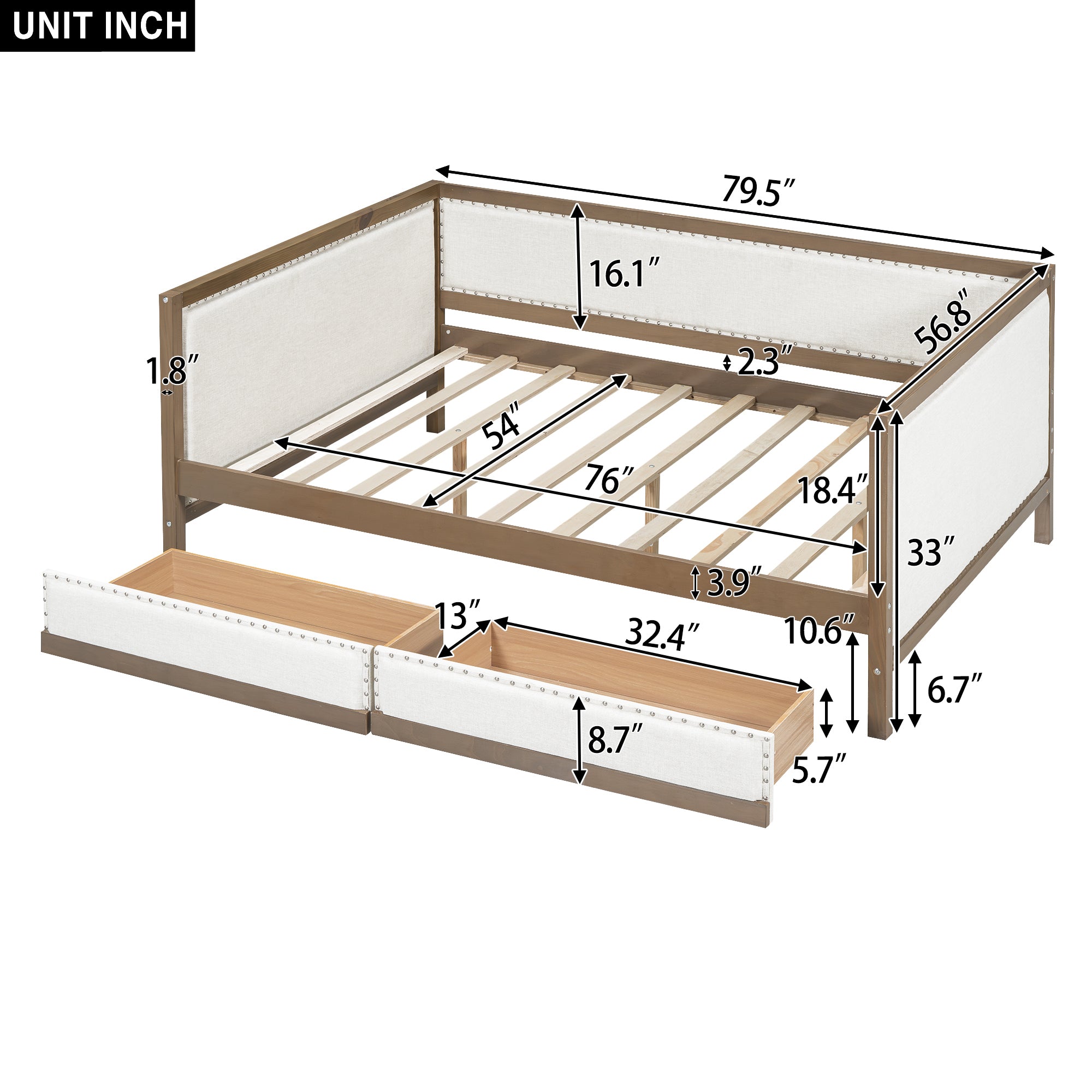 Full Size Upholstered Daybed with 2 Drawers and Nailhead Decoration, Wood Color