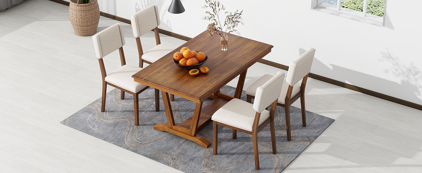 Rustic 5-piece Dining Table Set with 4 Upholstered Chairs - Walnut