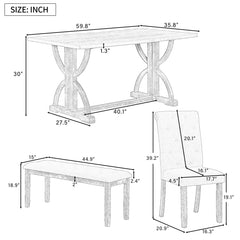 6-Piece Retro Rectangular Dining Table Set, Table with Unique Legs and 4 Upholstered Chairs & 1 Bench - Natural Wood Wash