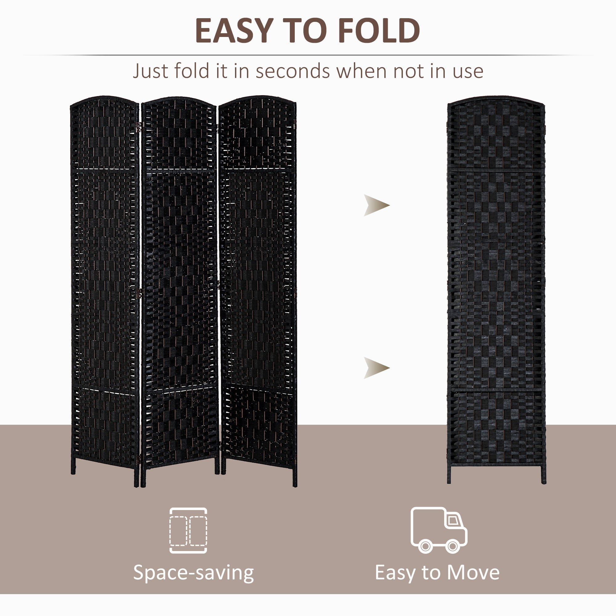 6' Tall Wicker Weave 3 Panel Room Divider Privacy Screen - Black