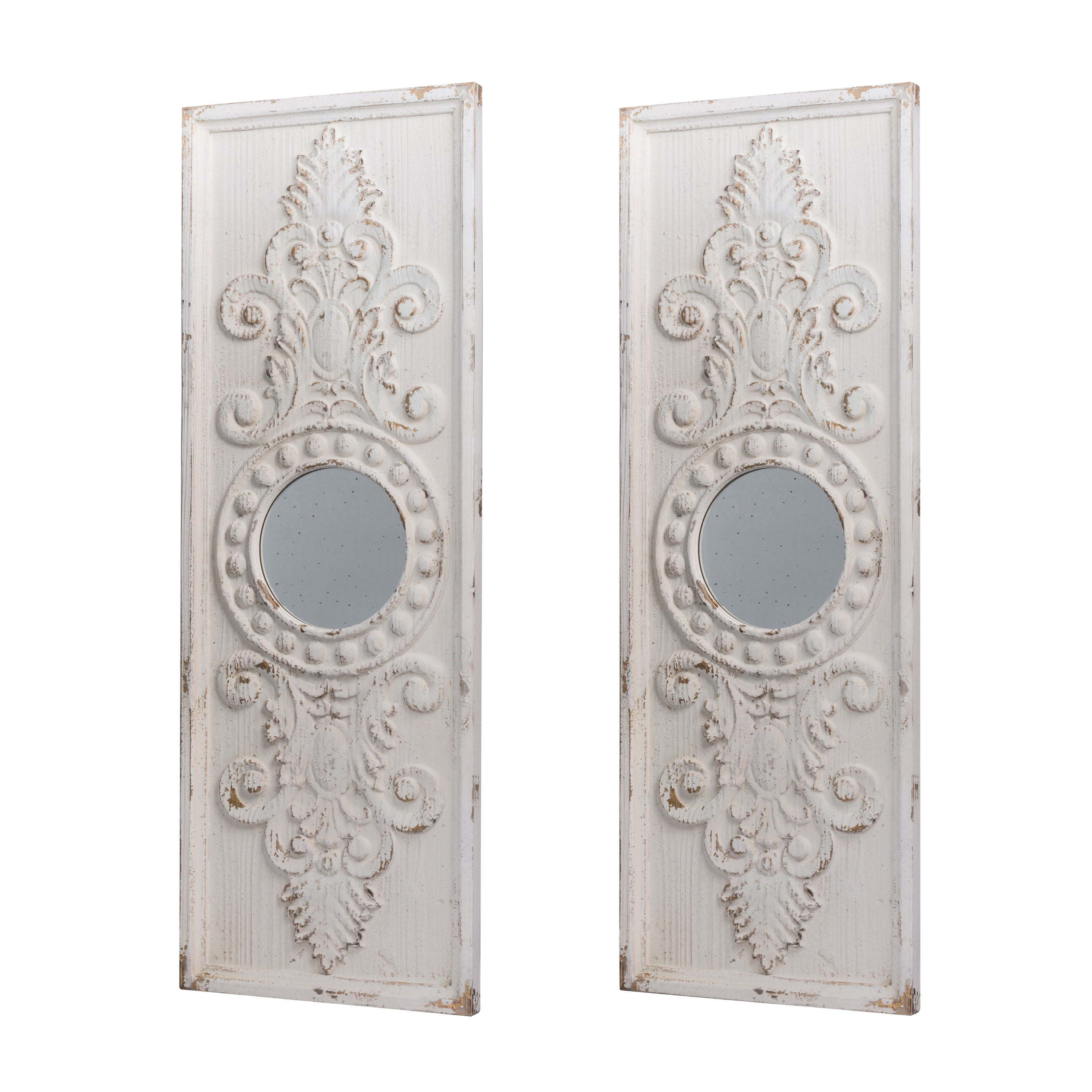 Set of 2 Large Wooden Wall Art Panels with Distressed White Finish and Round Mirror Accents, 17"x48"