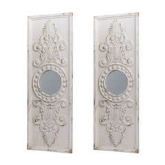 Set of 2 Large Wooden Wall Art Panels with Distressed White Finish and Round Mirror Accents, 17"x48"