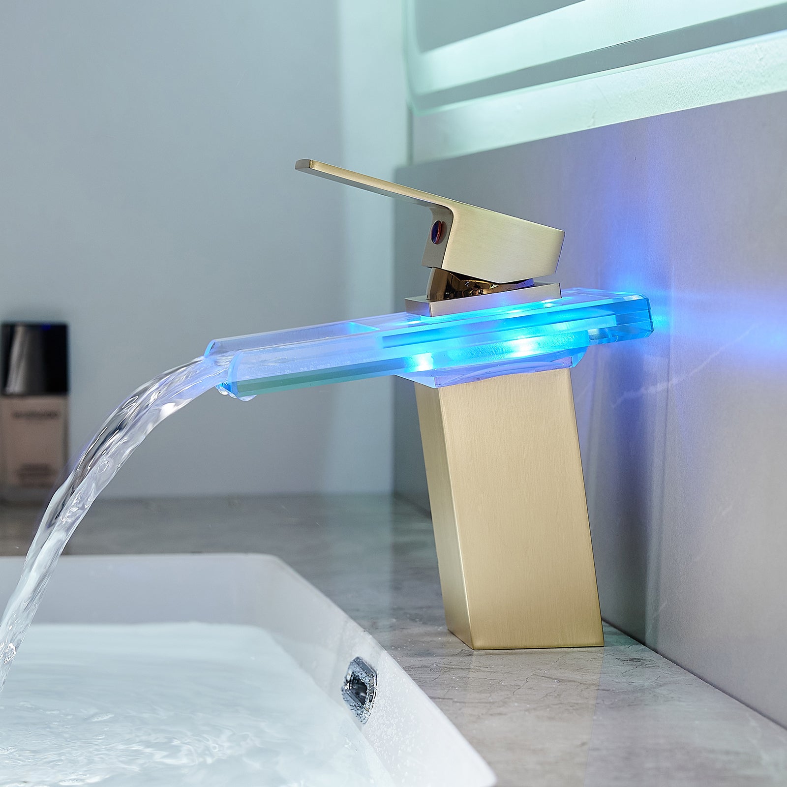 Bathroom Sink Faucet LED Light 3 Colors Changing Waterfall Glass- Gold