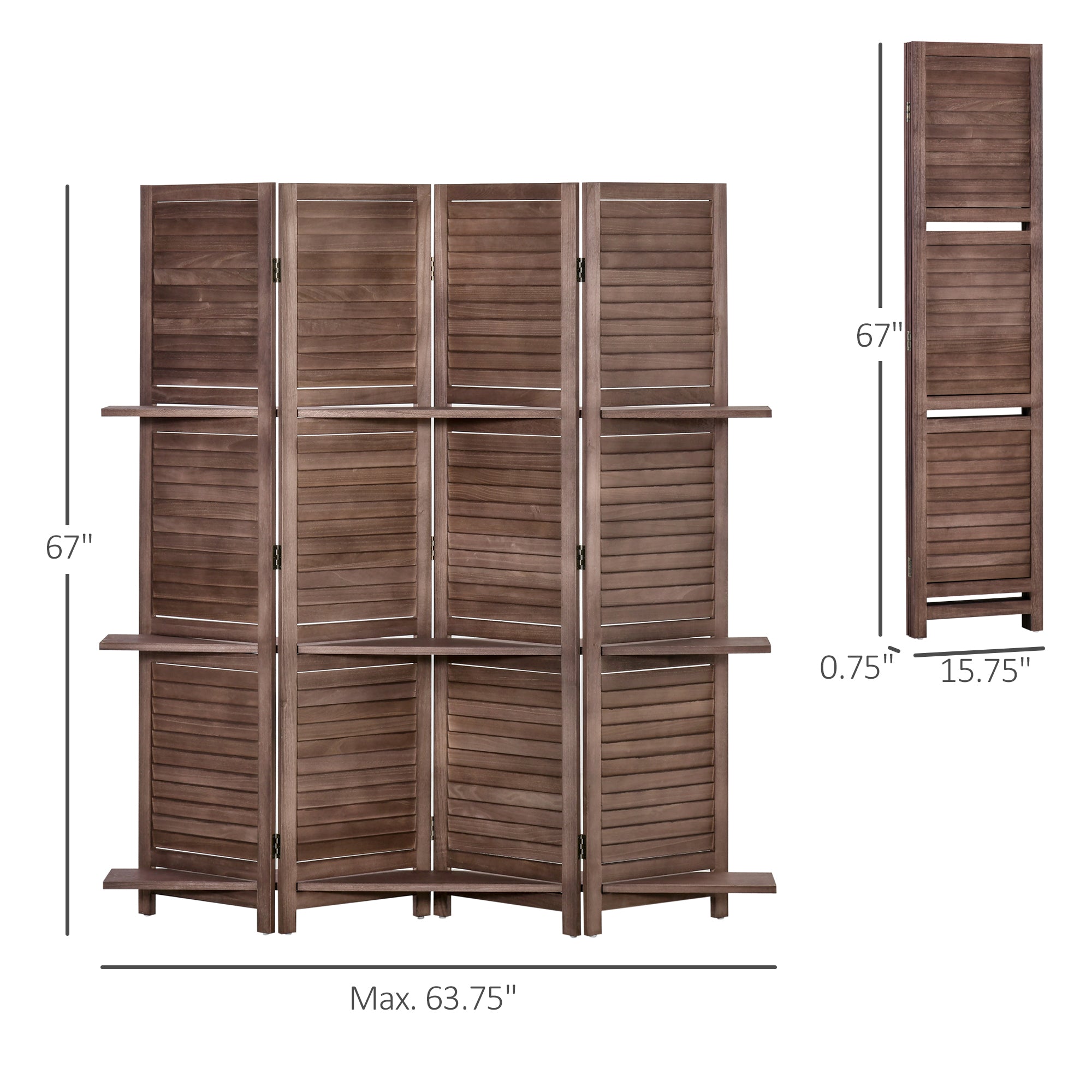 4-Panel Folding Room Divider, 5.6 Ft Freestanding Paulownia Wood Privacy Screen Panel with Storage Shelves for Bedroom or Office, Walnut