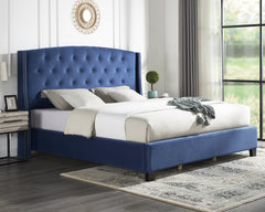 Queen Size Summit Fabric Button Tufted Wingback Upholstered Bed with Nail Head Trim, Blue