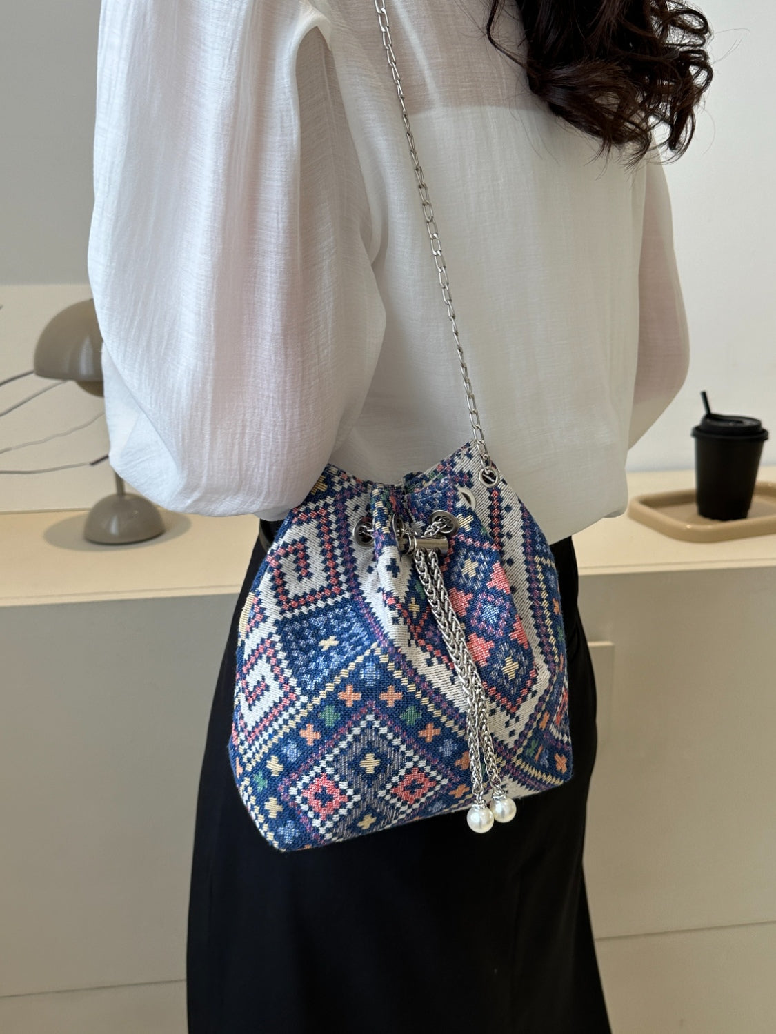 Boho Vintage Floral Bucket Bag with Silver Chain Strap, Pearl Detail, Geometric Pattern