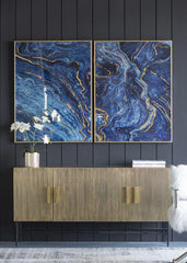 Set of 2 Blue and Gold Framed Art Panels, Unique Marbled Design, 30.5"x40"