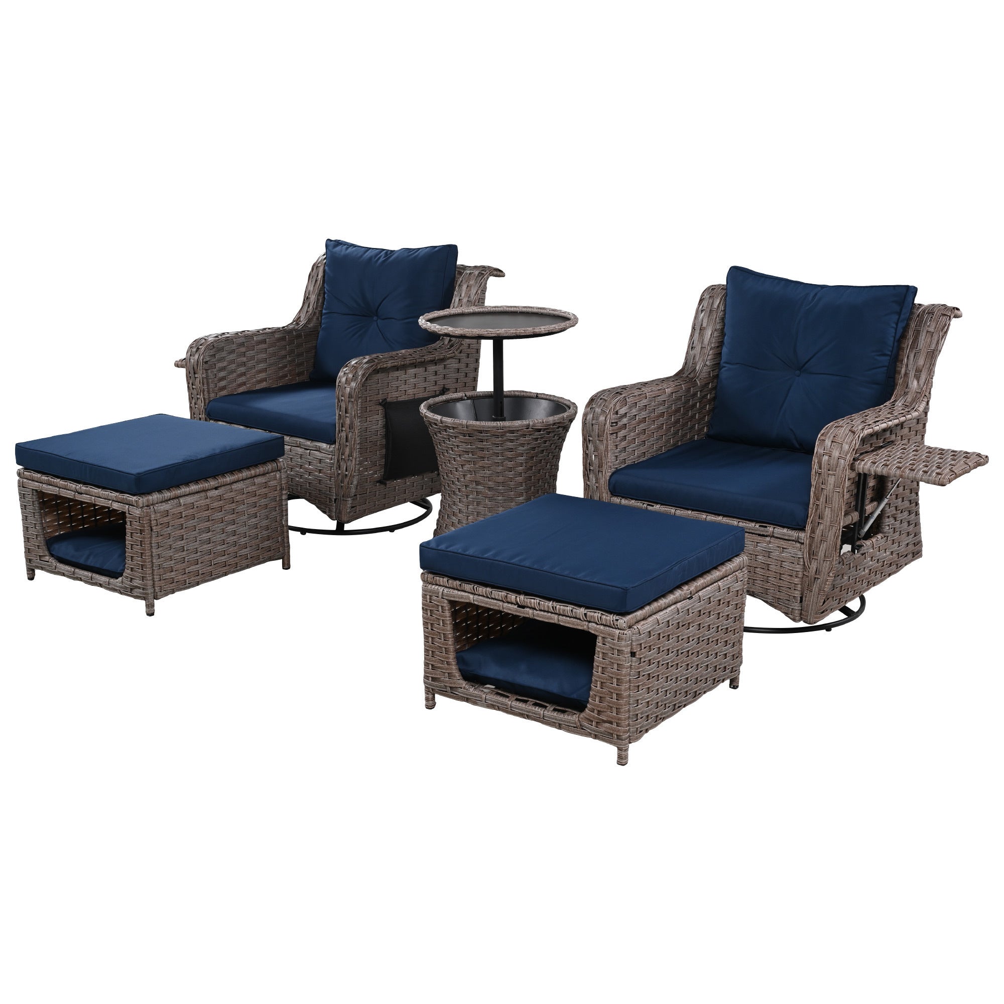 5 Pieces Outdoor Patio Furniture Set Retractable Side Tray, Rattan Wicker Patio Swivel Rocking Chairs Set of 2 with Ottomans - Navy Blue