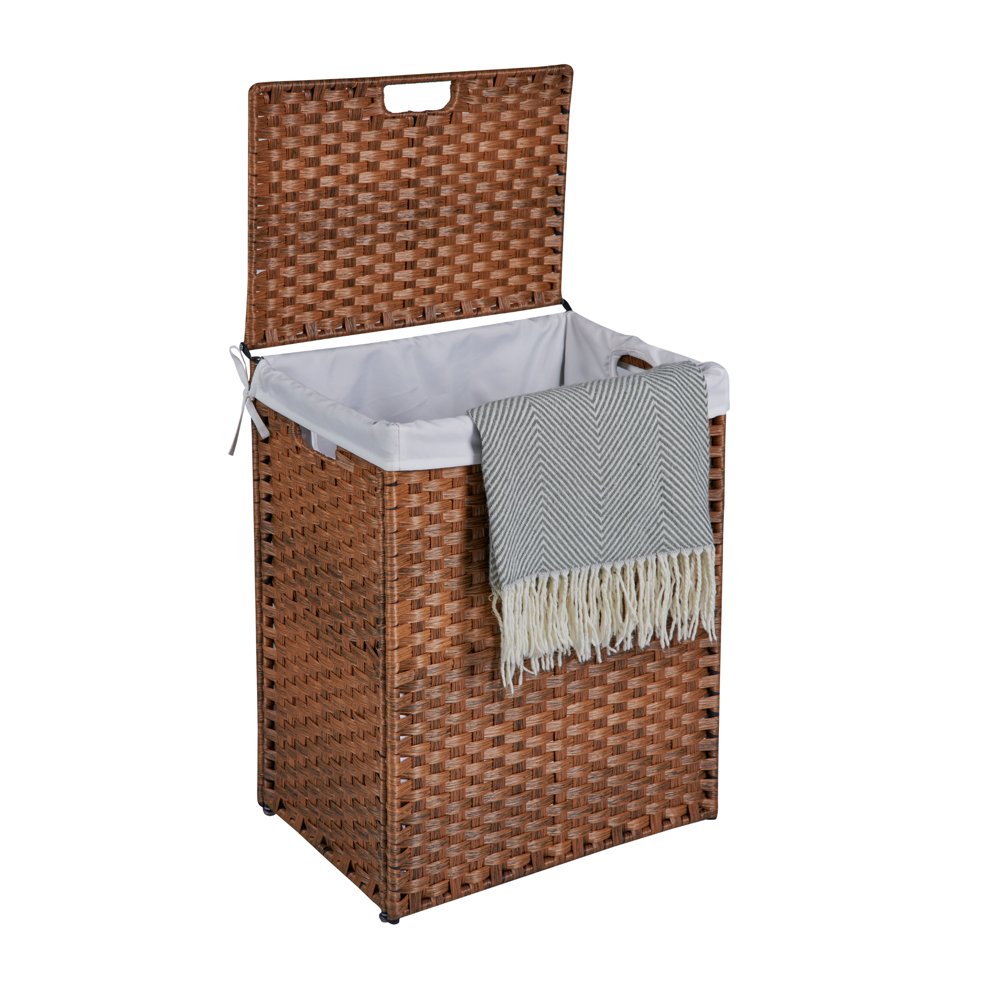 Laundry Hamper With Lid PE Rattan Powder Coating Frame Clothes Hampers with 2 Removable Bags, 100L, Brown Color