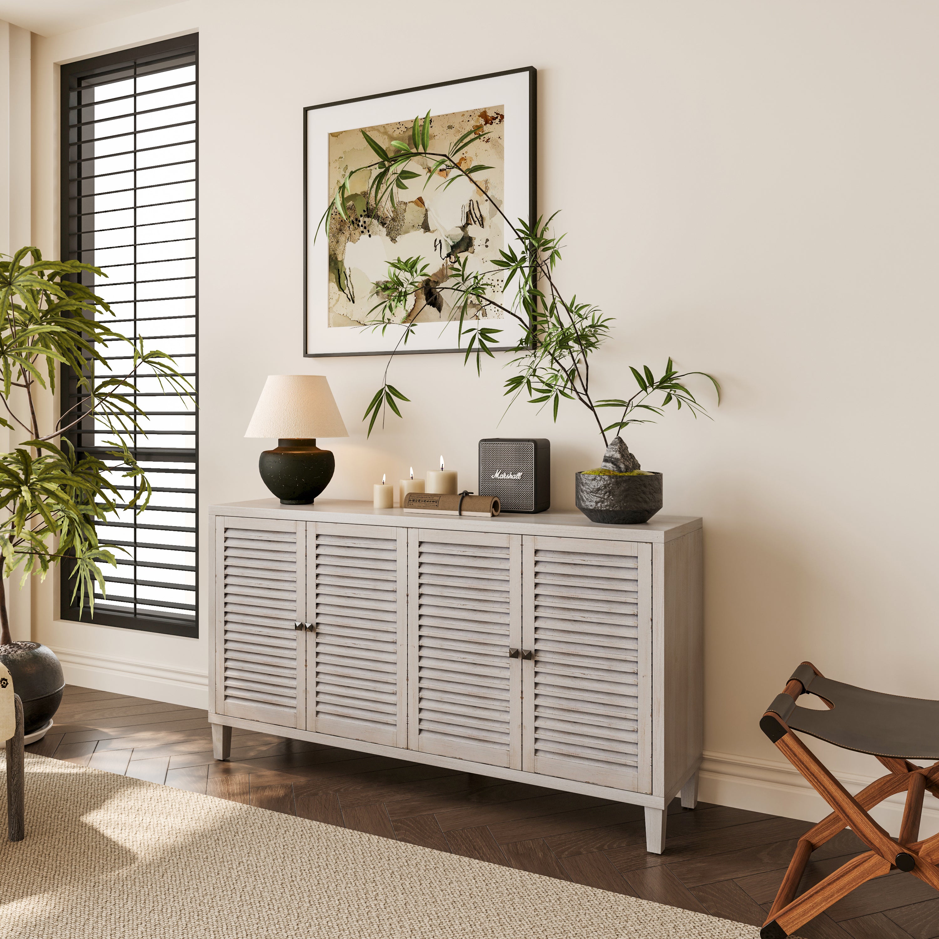 Accent Cabinet 4 Shutter Door Wooden Cabinet Sideboard Buffet - Natural Wood Wash