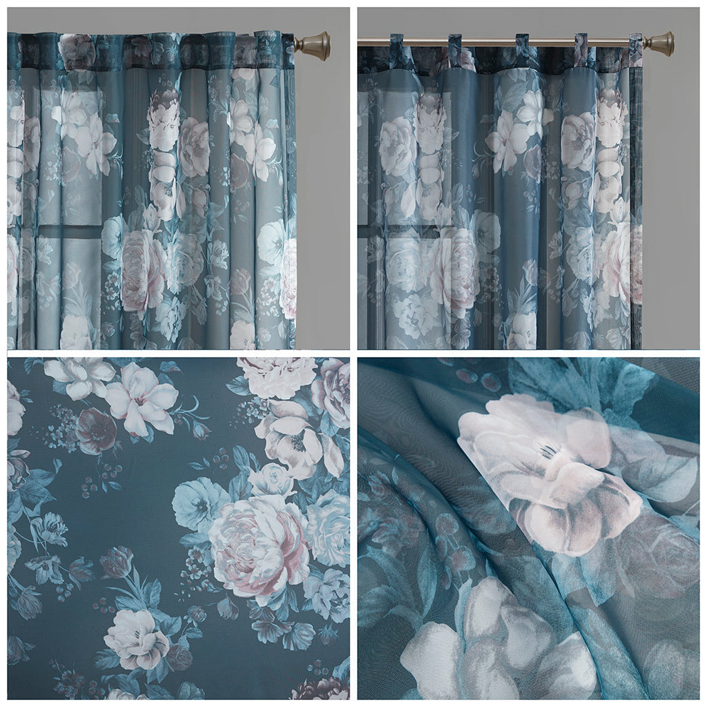 Printed Floral Rod Pocket and Back Tab Voile Sheer Curtain - Navy