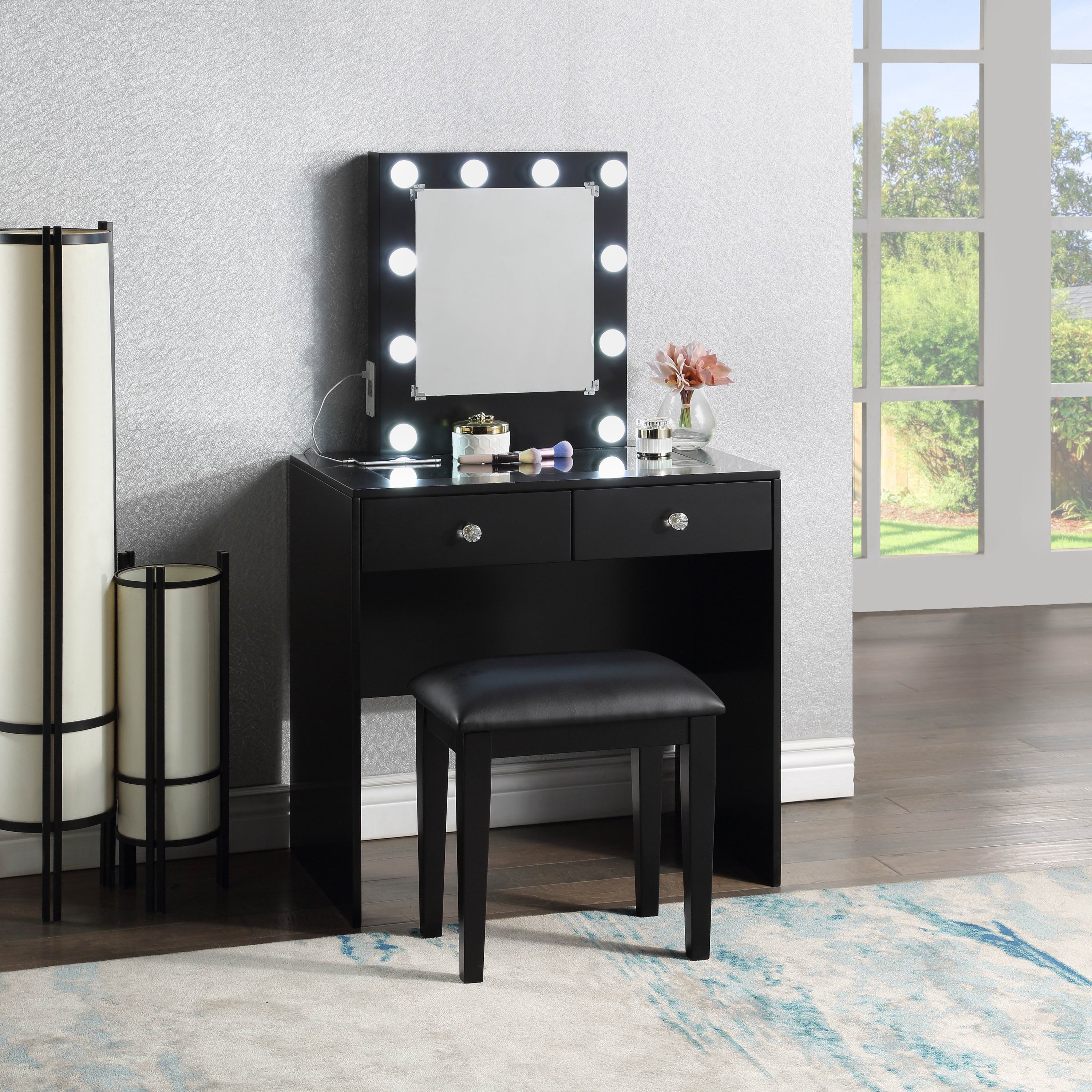 Black Makeup Vanity and Stool Set with 10 Lights and USB Port and Power Outlet, 2x Drawers Luxurious Style Furniture