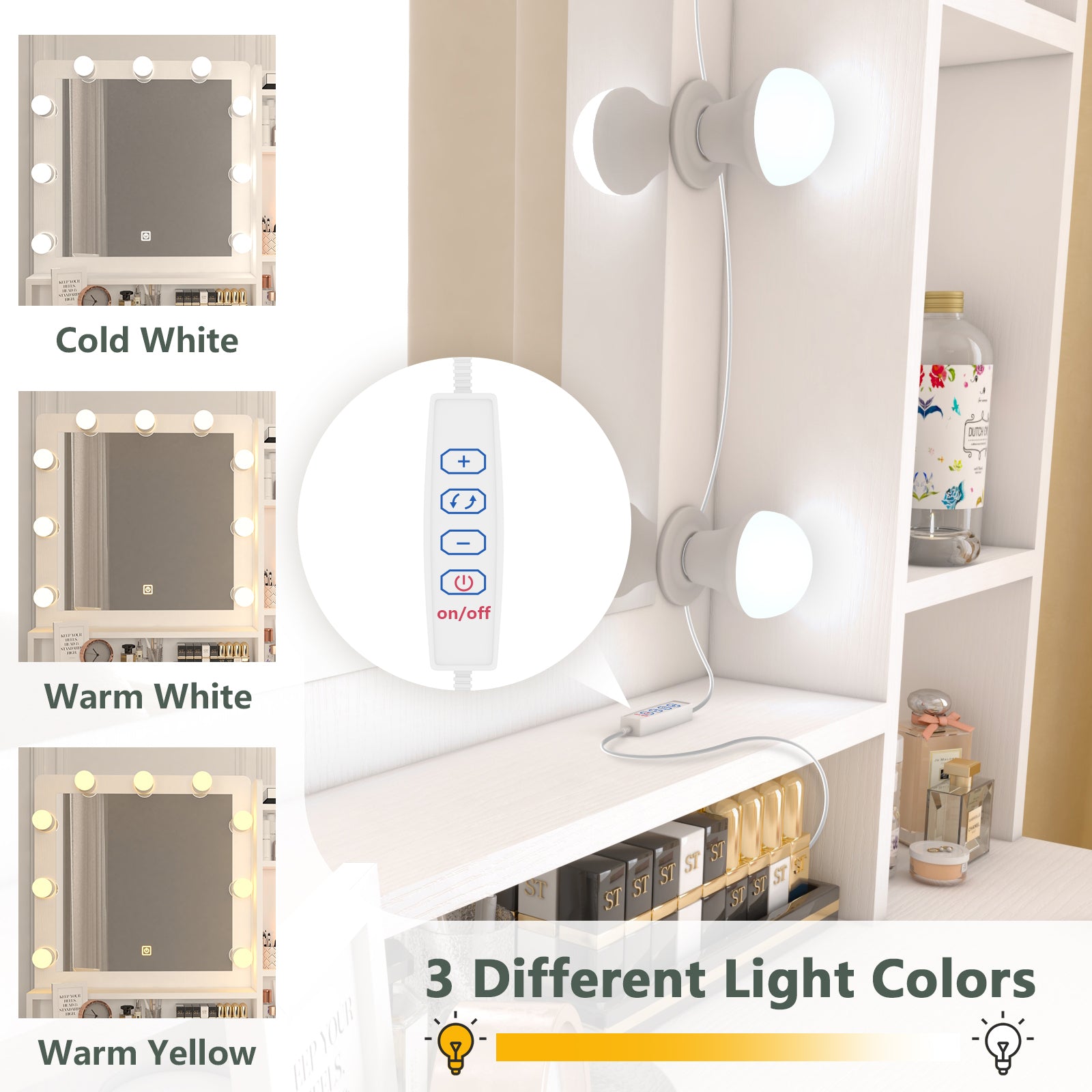 Makeup Vanity Desk with Mirror and Lights, Vanity Table, 5 Drawers - White