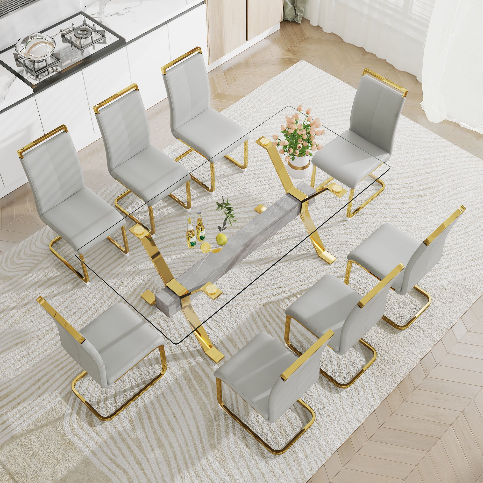 Modern Tempered Glass Dining Table - Transparent with Gold Plated Metal Legs (no chairs included))