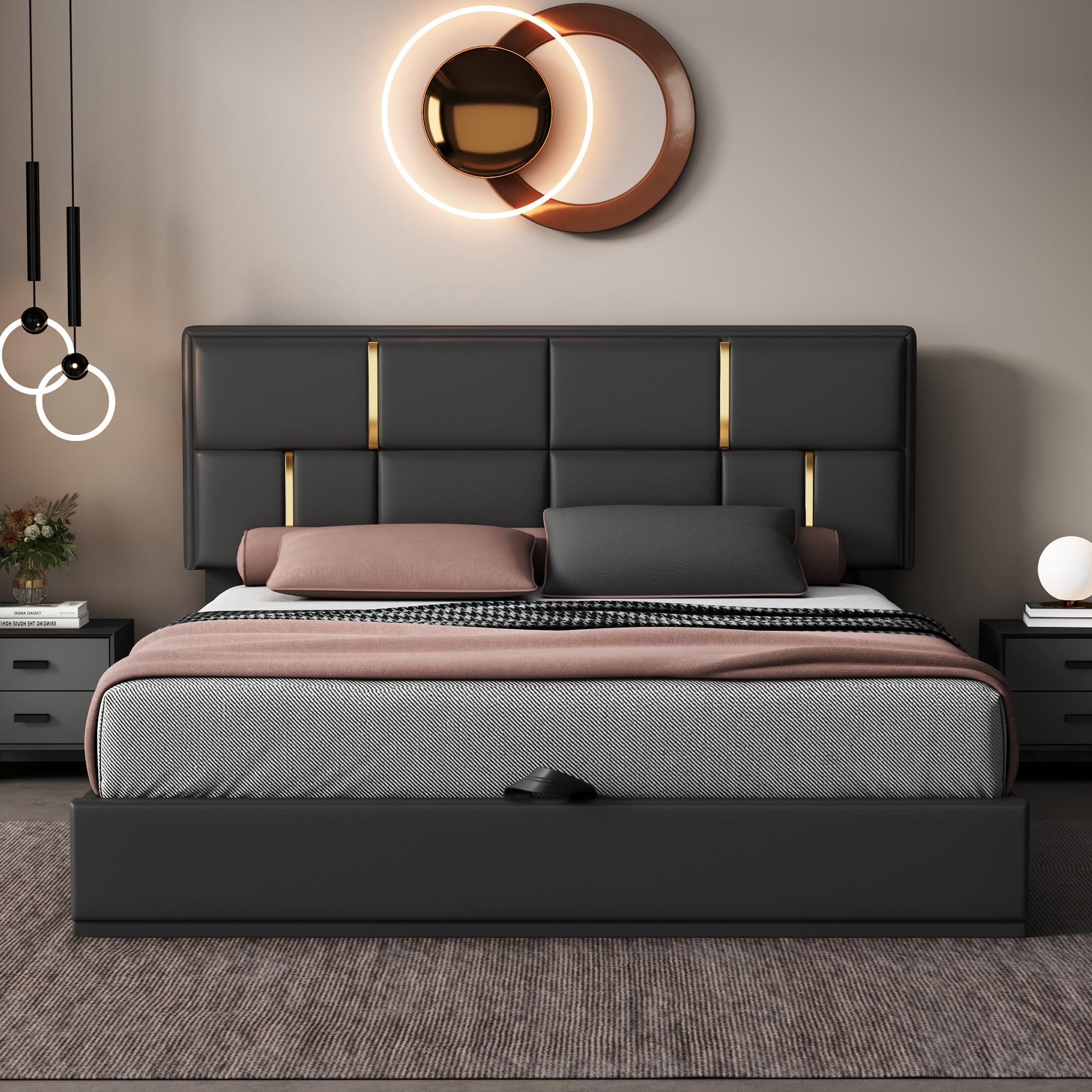 Queen Size Upholstered Platform Bed with Hydraulic Storage System, No Box Spring Needed - Black