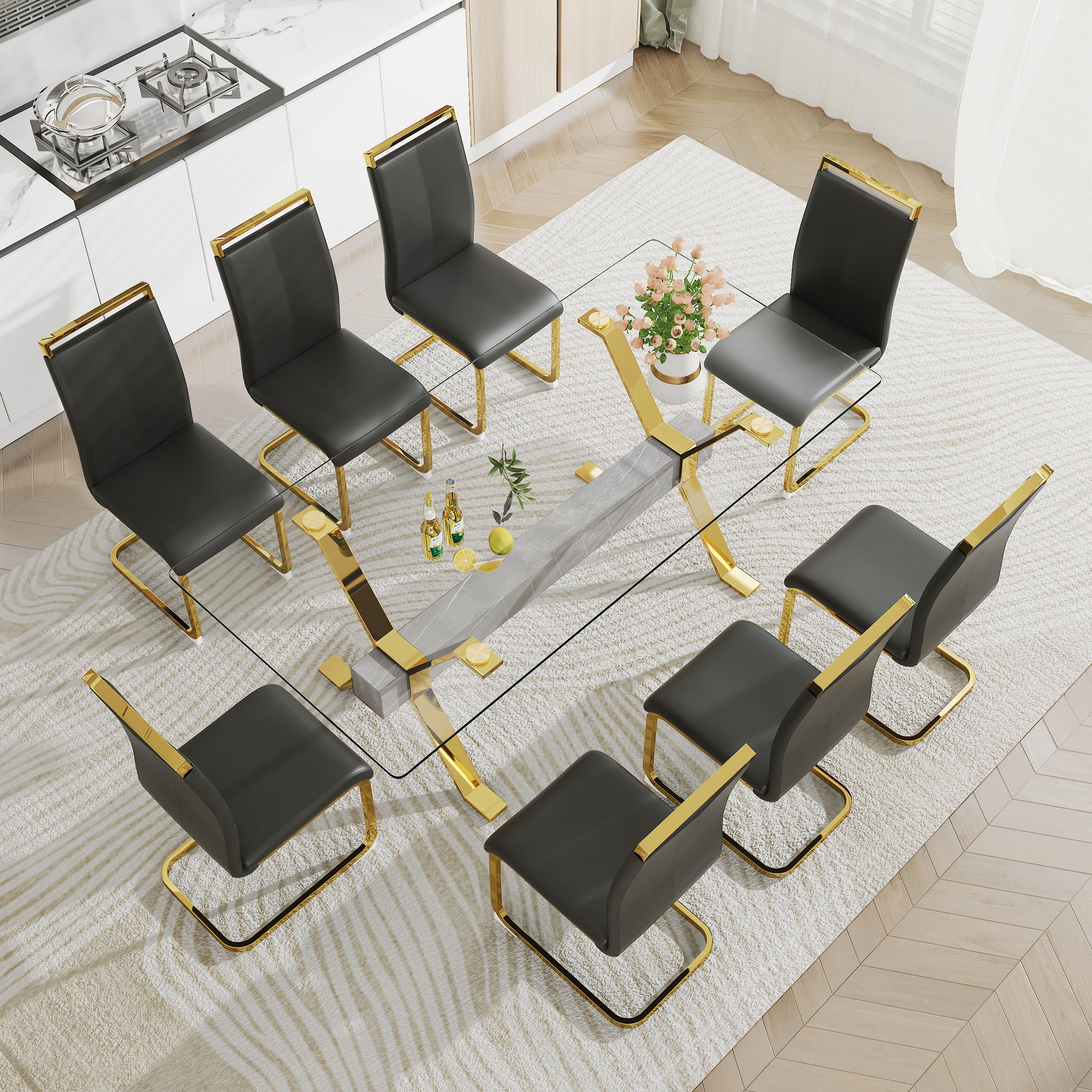 Modern Tempered Glass Dining Table - Transparent with Gold Plated Metal Legs (no chairs included))