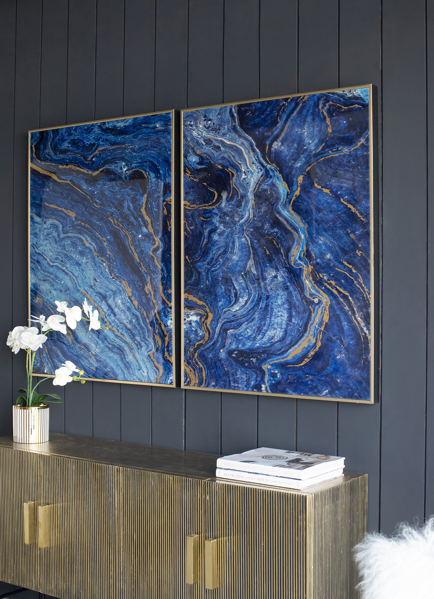 Set of 2 Blue and Gold Framed Art Panels, Unique Marbled Design, 30.5"x40"