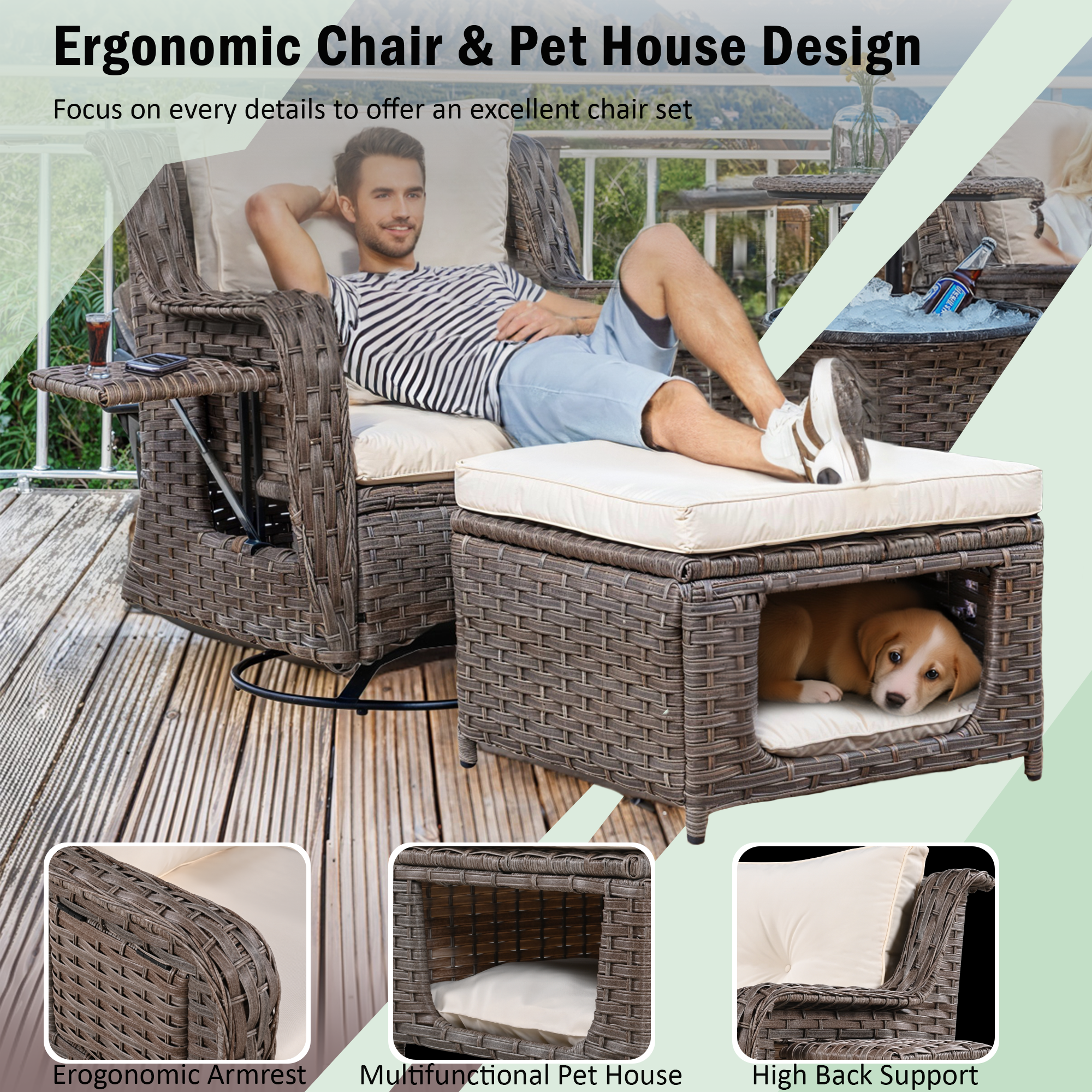 5 Pieces Outdoor Patio Furniture Set with Pet House Cool Bar and Retractable Side Tray, Rattan Wicker Patio Swivel Rocking Chairs Set of 2 with Ottomans - Beige