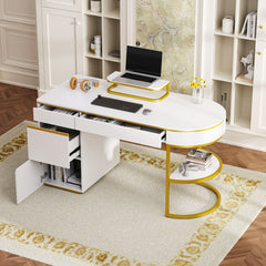 60''Modern Executive Desk,White Curved Computer Desk with Gold Metal Legs,3-Drawers Home Office Desk - Gold+White