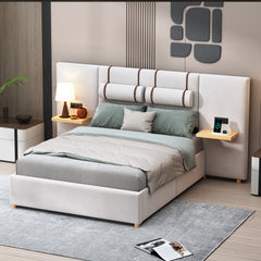 Full Size Upholstered Platform Bed, Two Outlets and USB Charging Ports on Both Sides, Two Bedside Pillows, Storage Shelves,Velvet - Beige