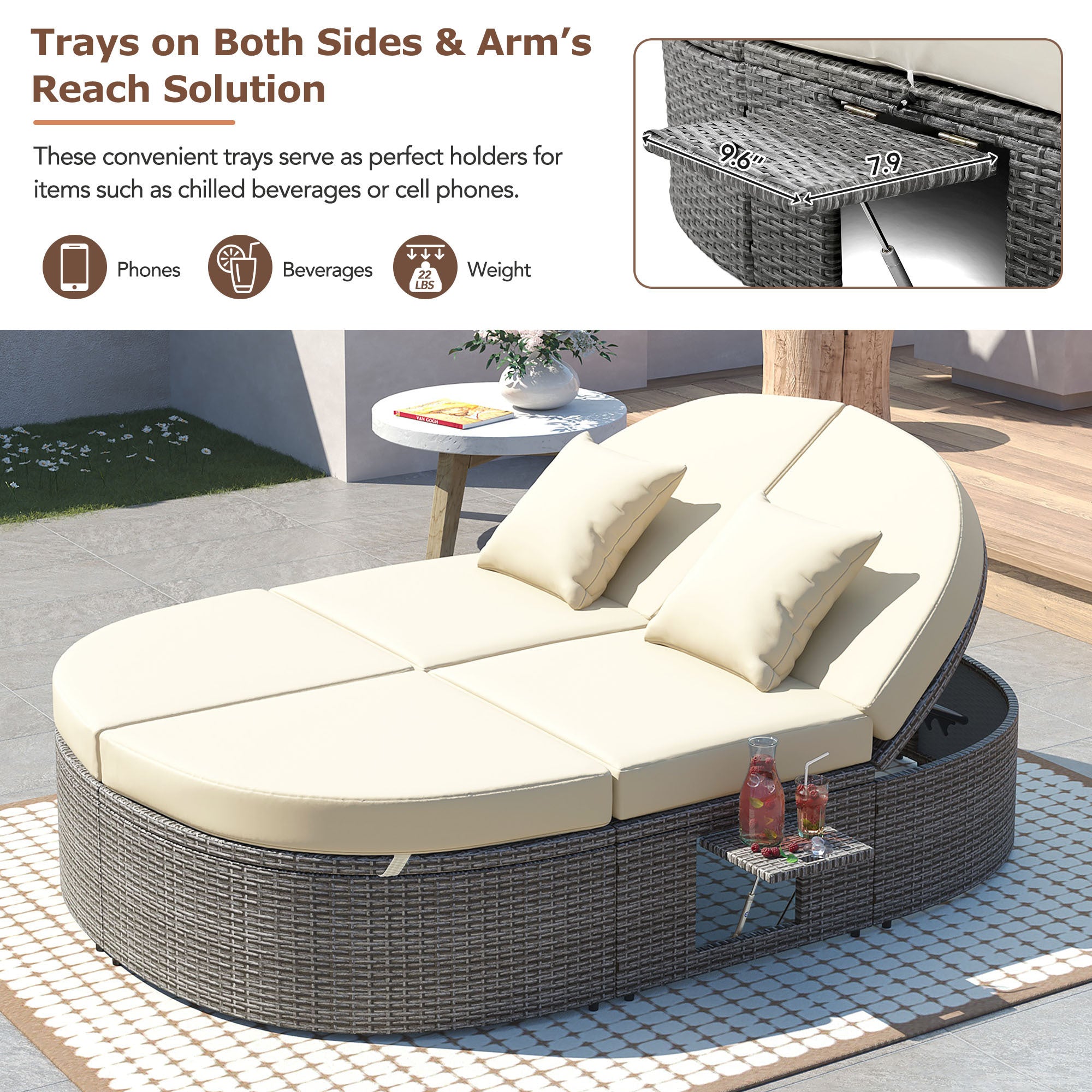 Outdoor Sun Bed Patio 2-Person Daybed with Cushions and Pillows, Rattan Garden Reclining Chaise Lounge with Adjustable Backrests and Foldable Cup Trays for Lawn, Poolside, Beige