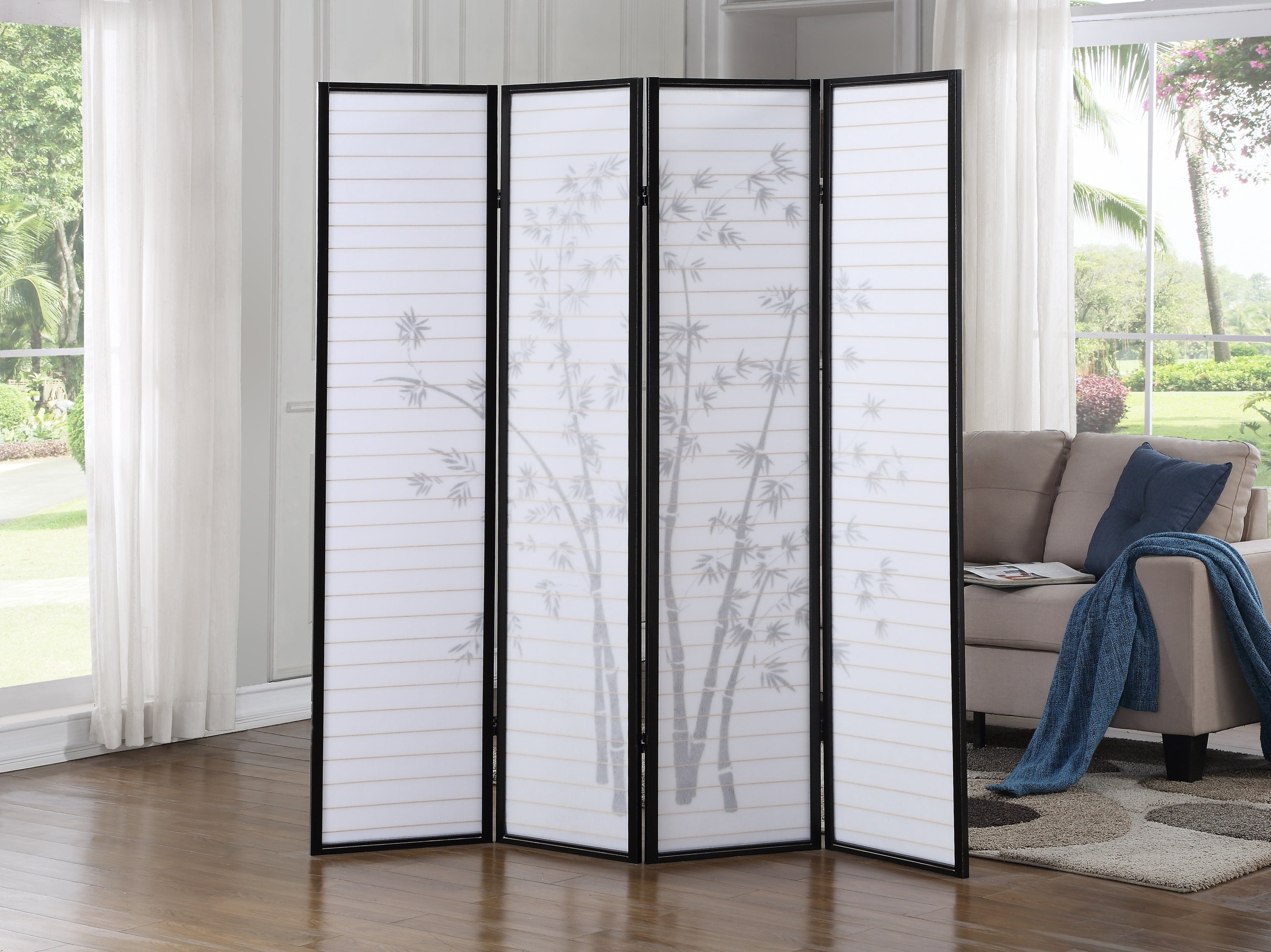 Bamboo Print 4-Panel Framed Room Screen/Divider, Black Wood+Paper