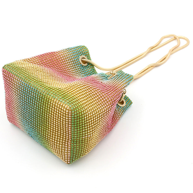 Crystal Rainbow Gradient Evening Bucket Bag, Rhinestone Crossbody Purse, Gold Chain Strap