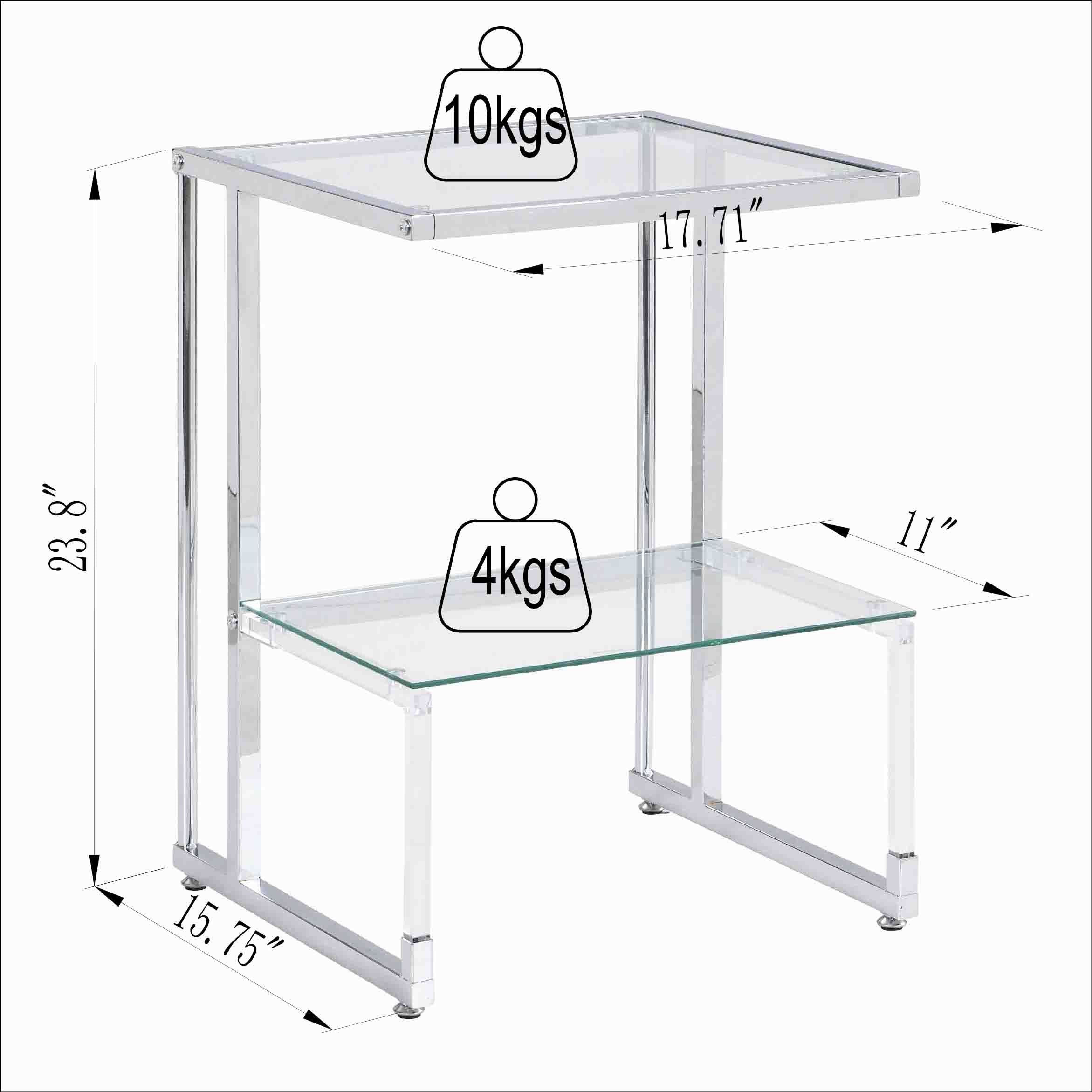 Silver Chrome Side Table, 2-Tier Acrylic Glass End Table