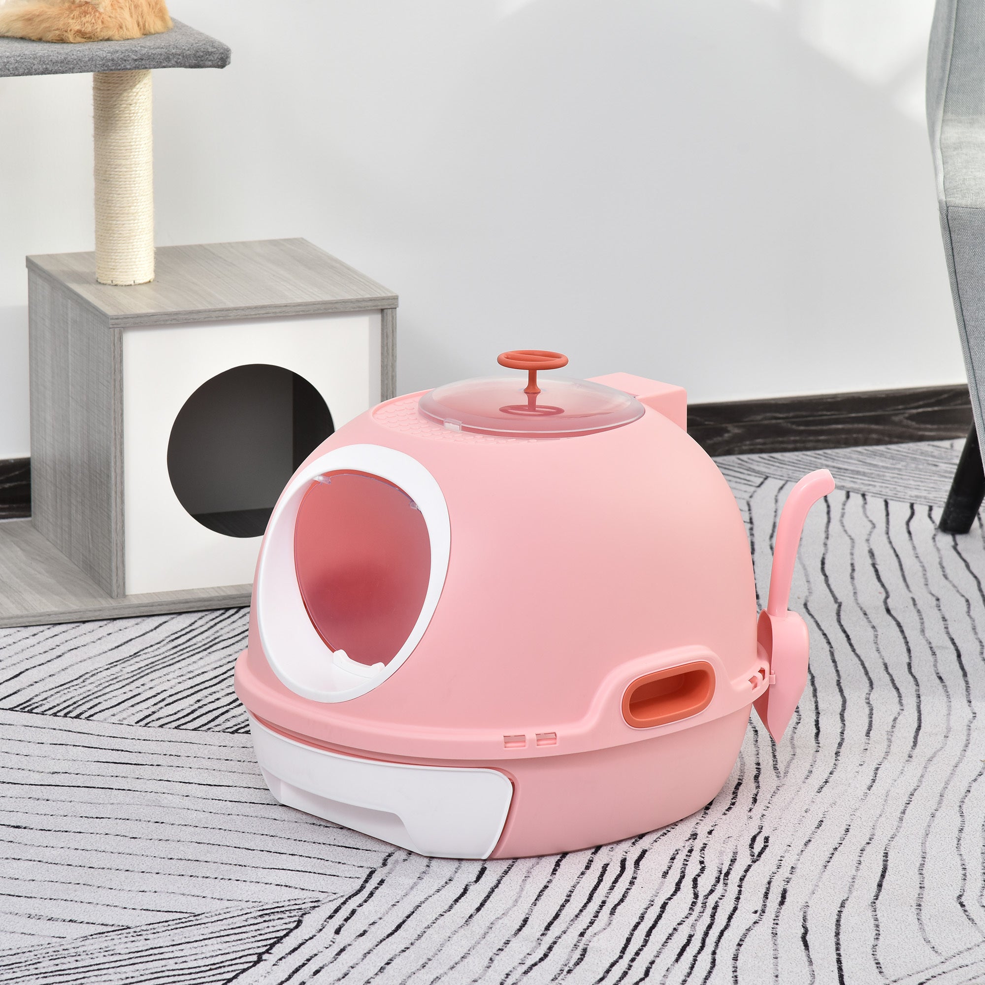 PawHut Covered Litter Box with a Lid, Scoop Enclosed Drawer & Skylight for Cats - Pink