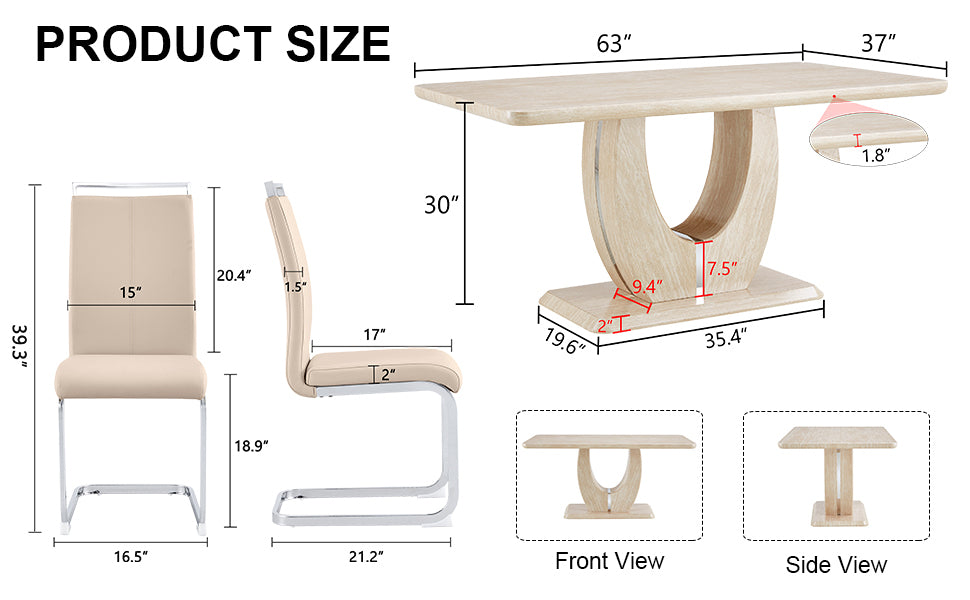 Modern minimalist luxury MDF rectangular dining table, 6 PU synthetic leather high backrest soft cushioned side chairs, modern dining chairs