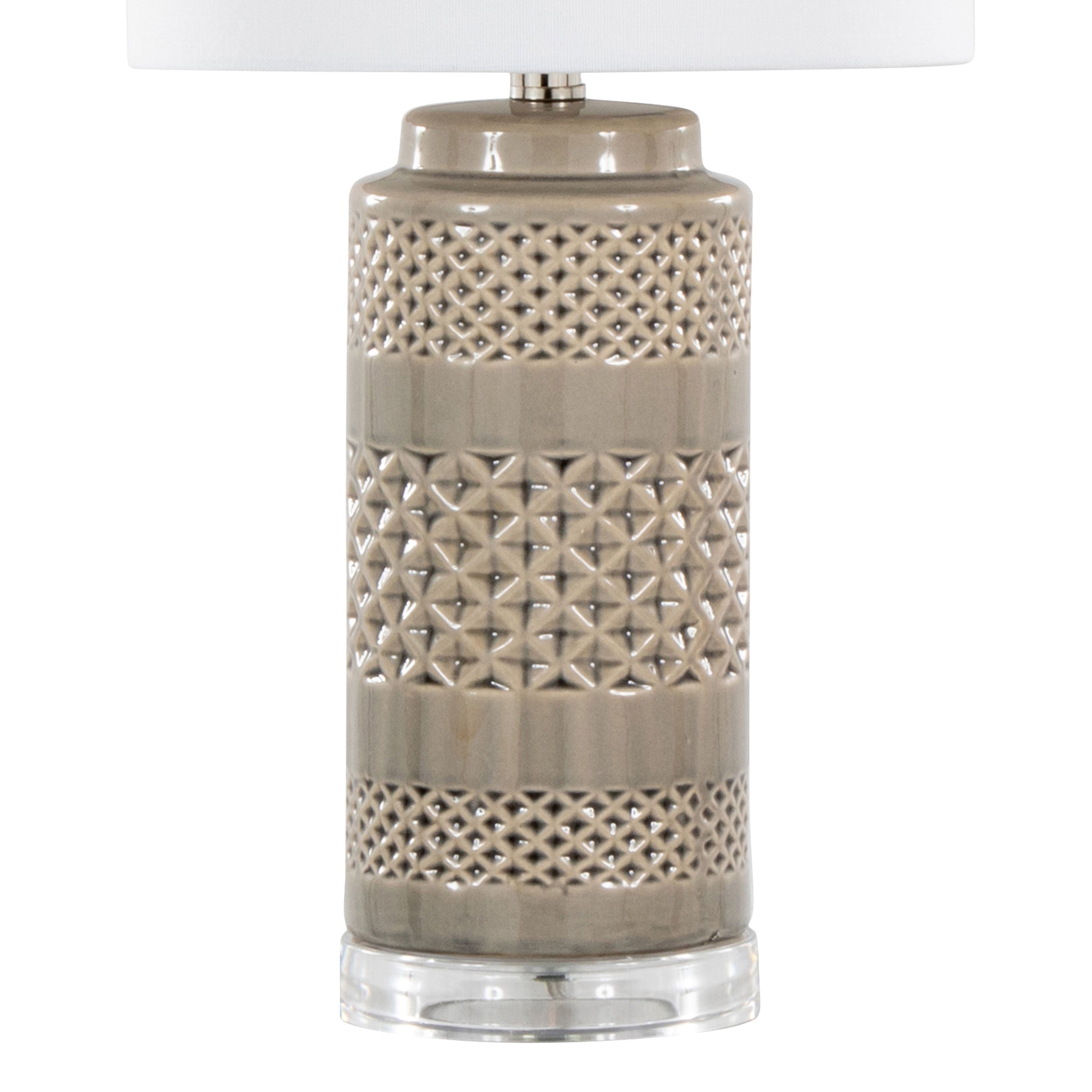 21" Contemporary Table Lamp in Opal Gray Ceramic, Polished Nickel, Clear Acrylic Accents and White Linen Shade - Set of 2