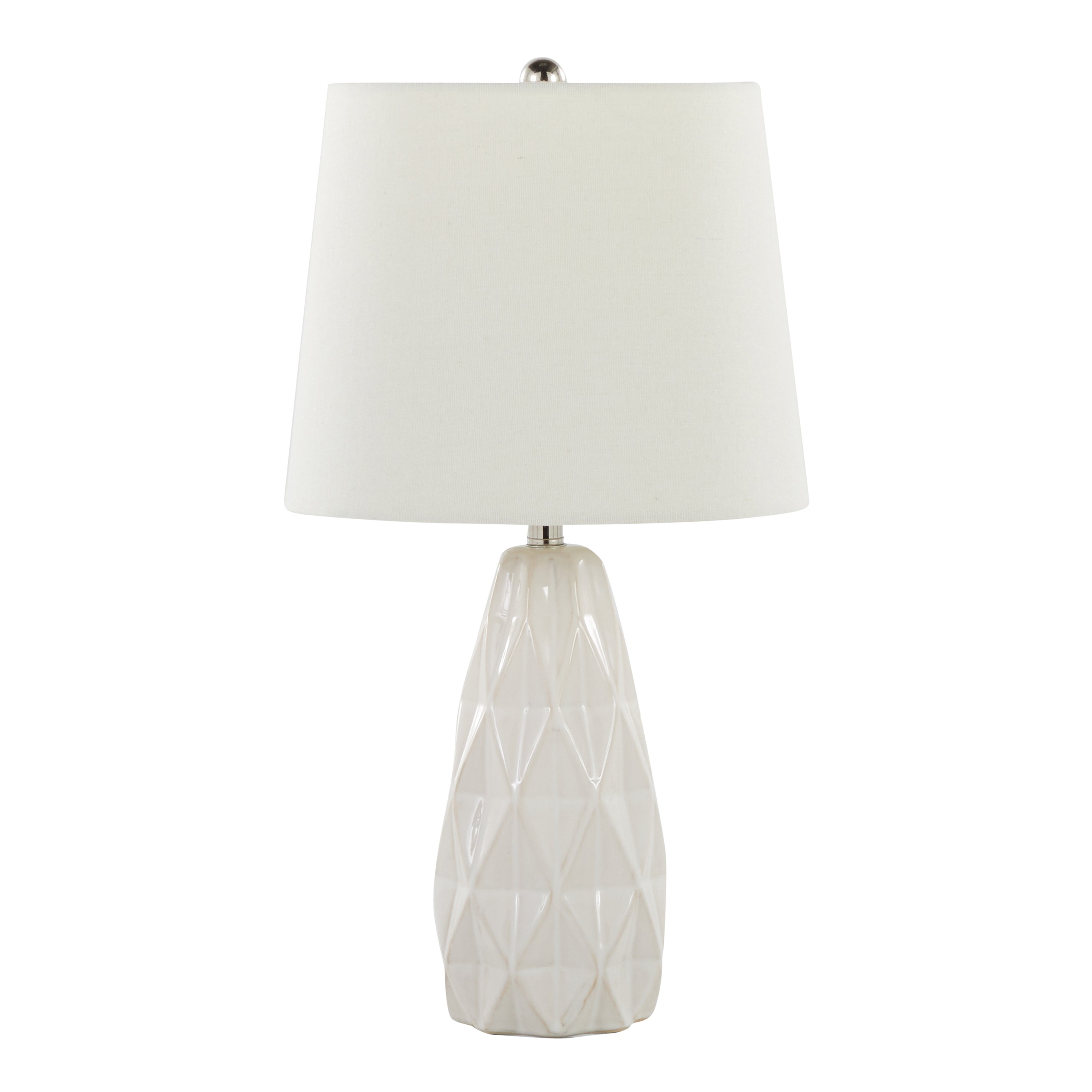 20" Contemporary Ceramic Accent Lamp in Off White Ceramic, Polished Nickel and Off-White Linen Shade  - Set of 2