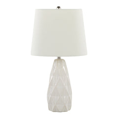 20" Contemporary Ceramic Accent Lamp in Off White Ceramic, Polished Nickel and Off-White Linen Shade  - Set of 2