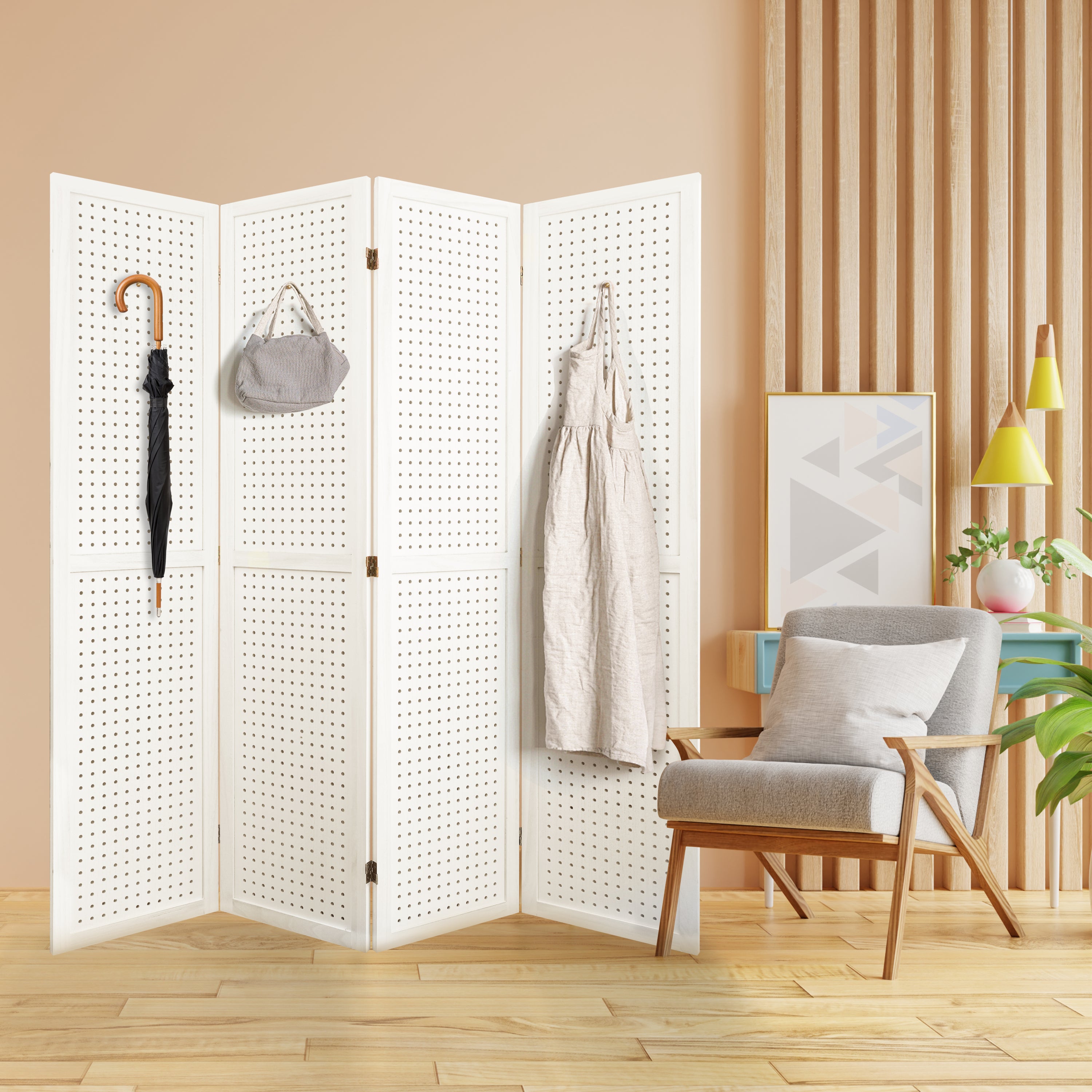 4 Panel Room Divider, 5.6Ft Pegboard Display Wooden Room Divider Folding Privacy Screen Room Divider - Elegant White