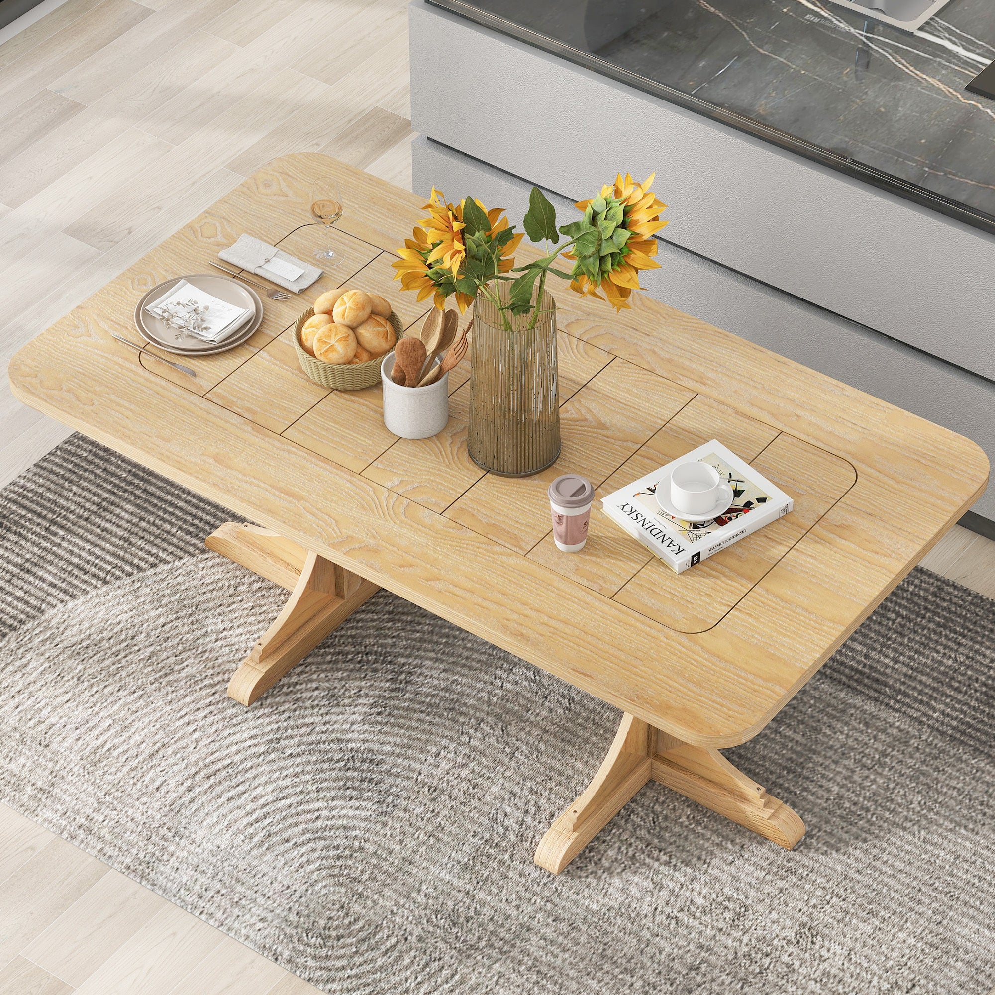 Retro Style Table 71'' Wooden Rectangular Table with Curved Design Legs - Natural Wood Wash