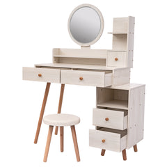 Stylish Vanity Table + Cushioned Stool, Touch Control LED Mirror, Large Capacity Storage Cabinet, 5 Drawers, Fashionable Makeup Furniture, Length Adjustable(L31.5"-43.2"x W15.8" x H48.1")